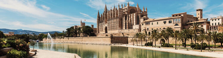 Cathédrale avec des palmiers et une rivière au premier plan