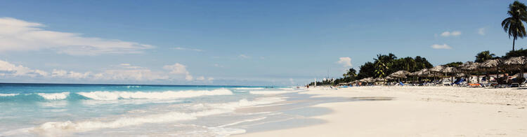 Plage avec parasols de paille et vagues 