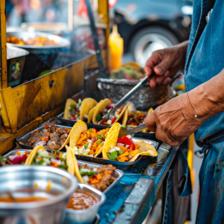 Tacos messicani preparati in uno stand di street food