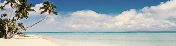  Een idyllisch wit zandstrand met daarop hellende palmbomen onder een blauwe hemel met witte wolken, aan een rustige turkooisblauwe zee.