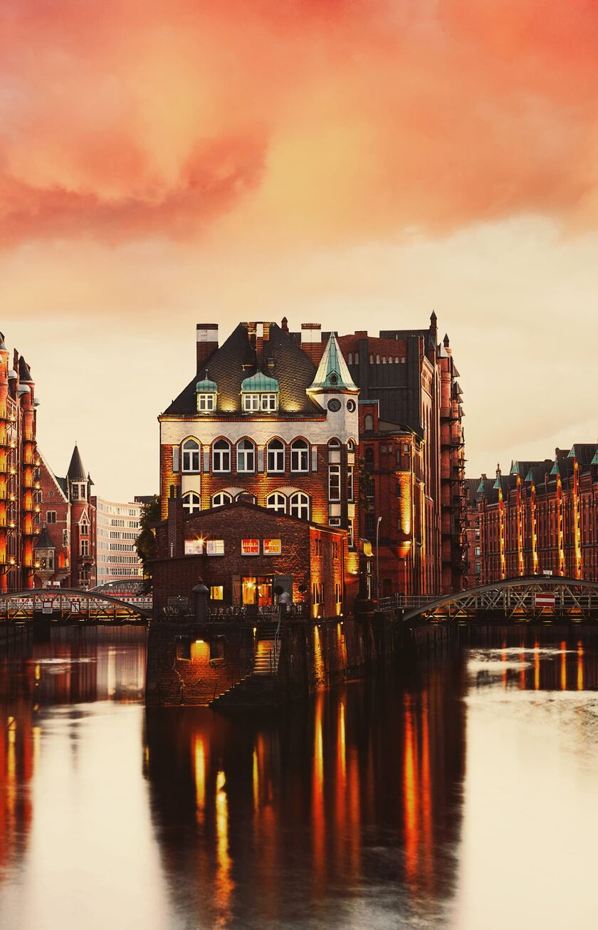 Speicherstadt de Hamburgo ao pôr-do-sol