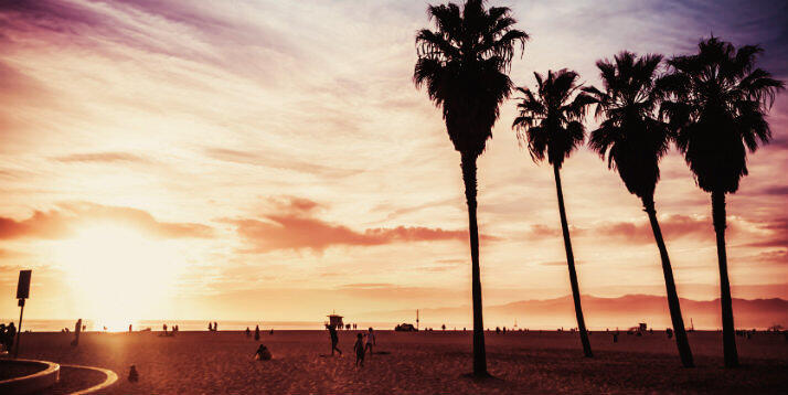 Silhuetas de palmeiras e pessoas na praia ao pôr do sol com céu colorido em tons de rosa e laranja