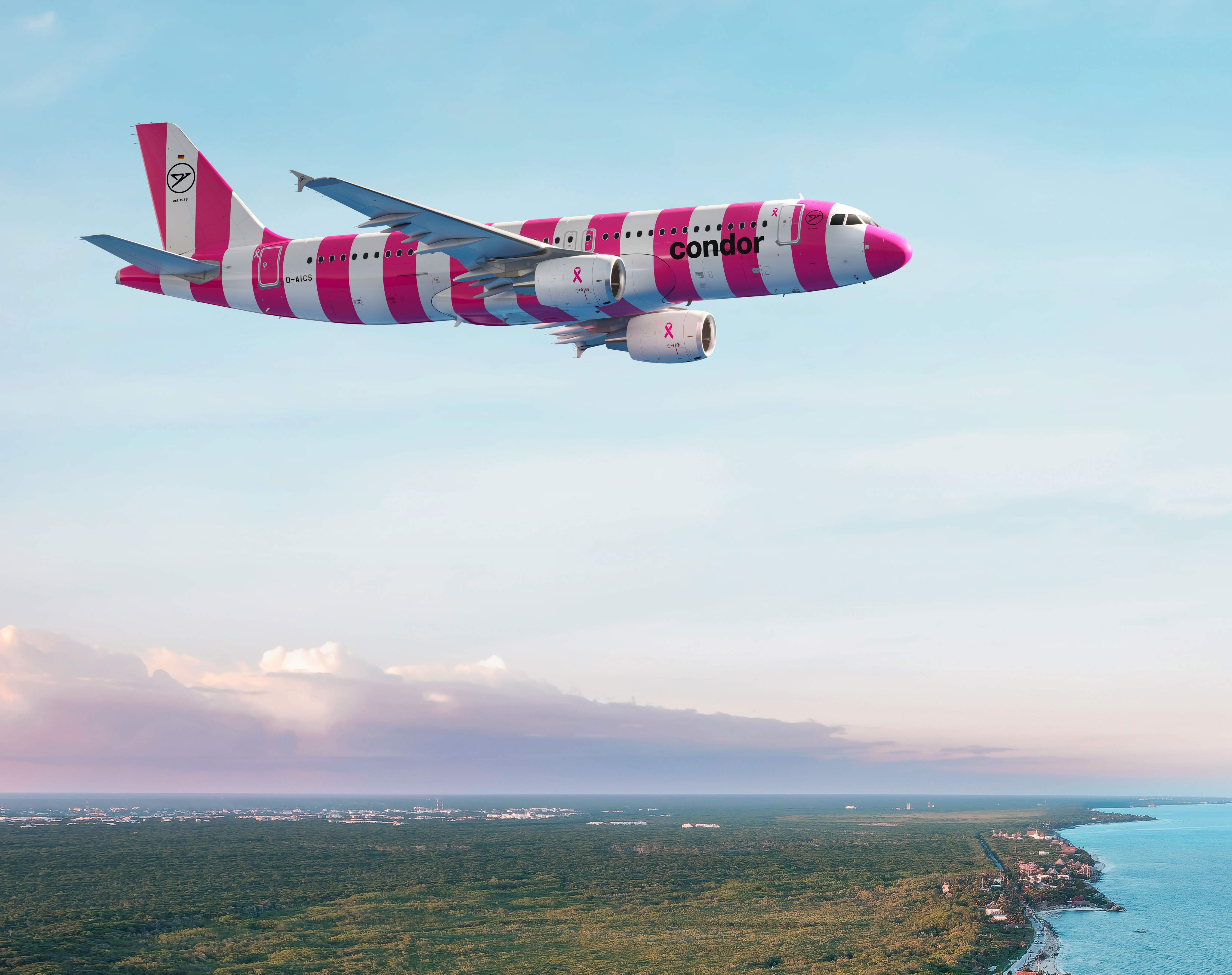 Condor plane with pink and white livery and breast cancer ribbon flies over tropical coast at sunset.