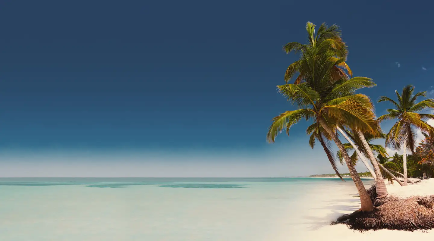 Playa idílica en Puerto Plata, República Dominicana, con palmeras, arena blanca y aguas cristalinas turquesas bajo un cielo azul profundo.