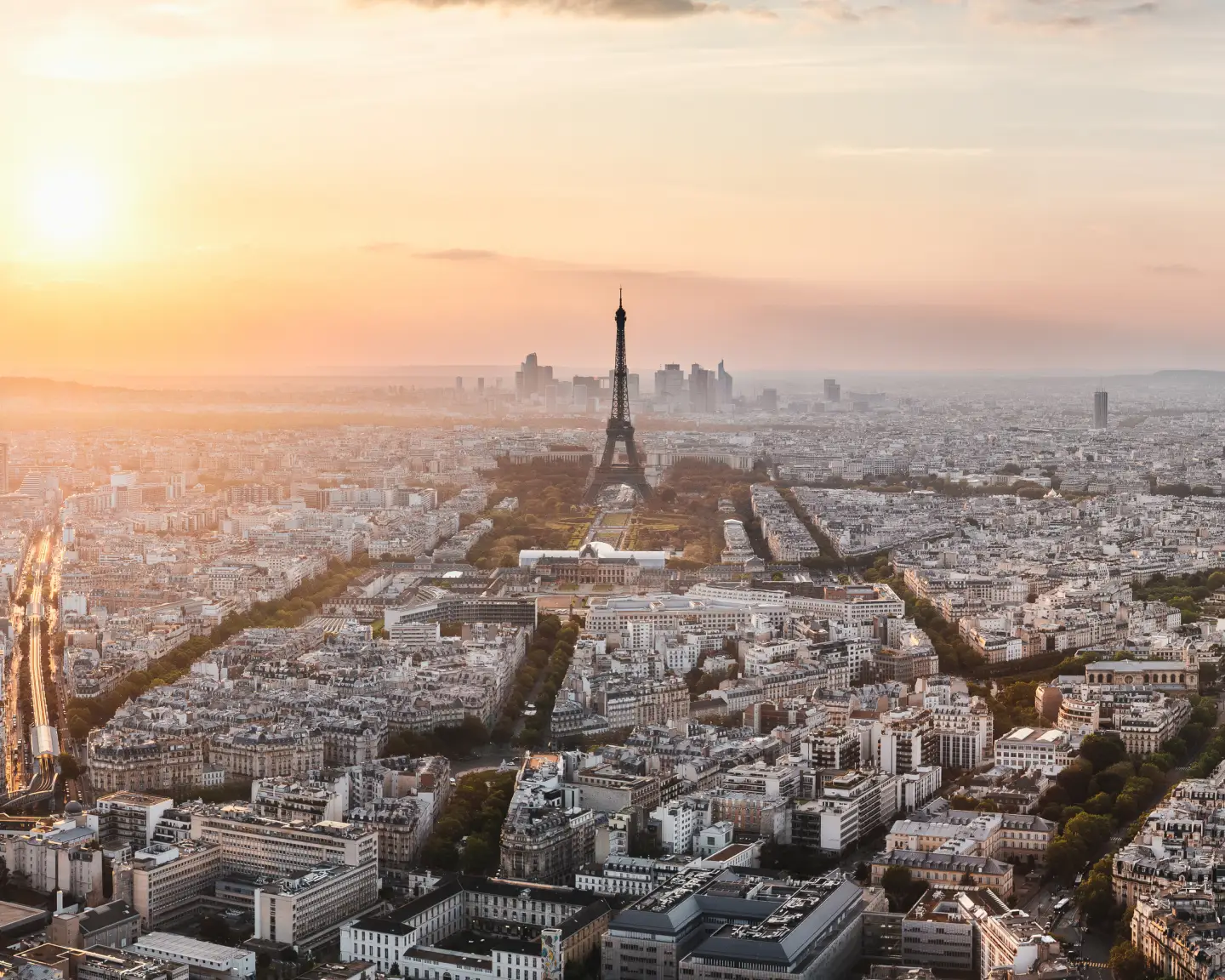 Skyline of Paris with Eiffel Tower, Champs de Mars, Hotel des Invalides and La Defense
