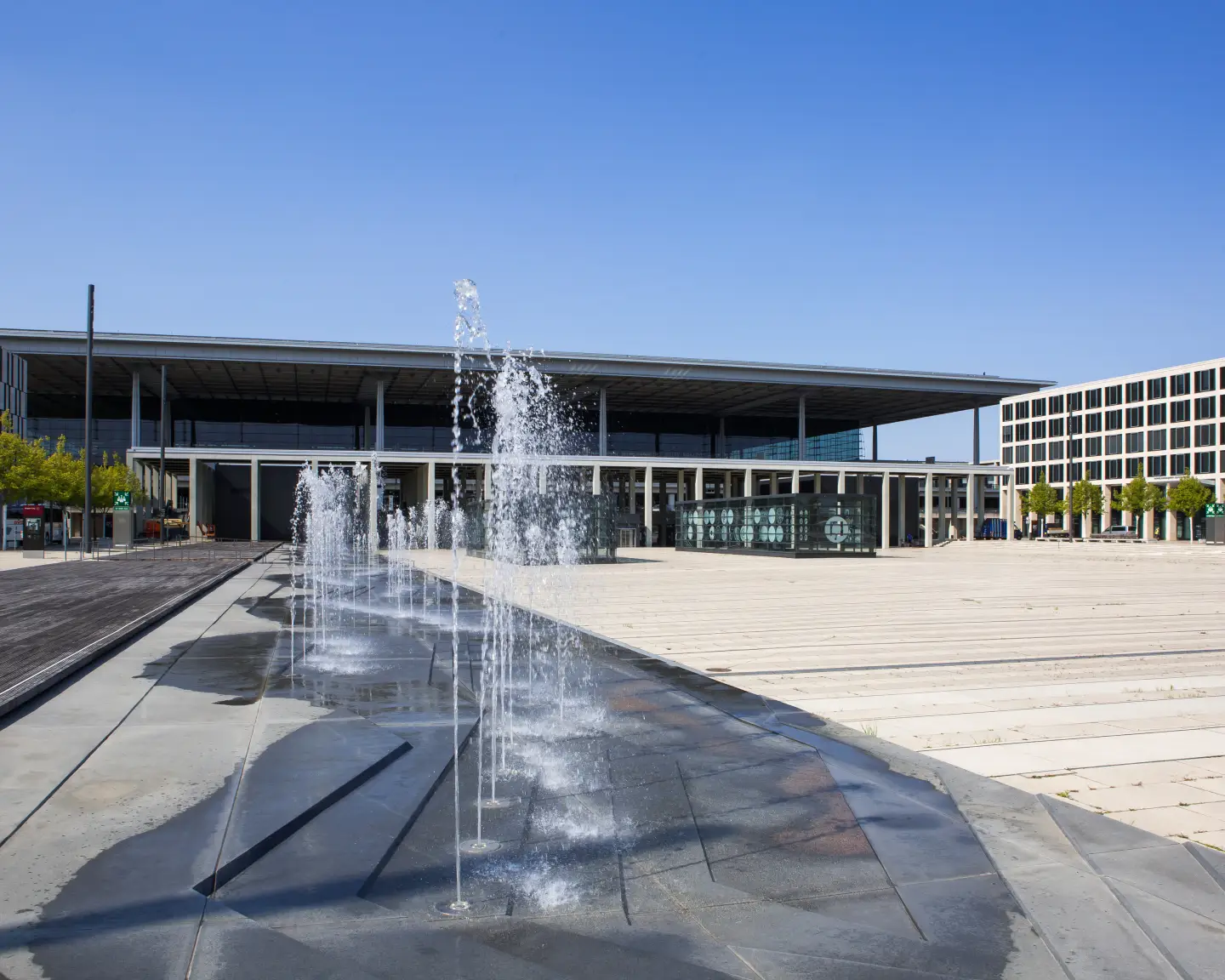 Fountains in front of the main entrance to Berlin-Brandenburg Airport.