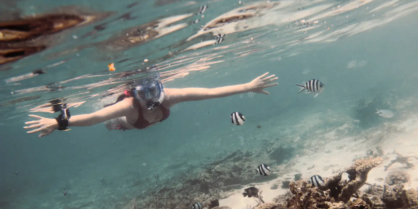 a woman snorkeling in the ocean with fish over a small reef