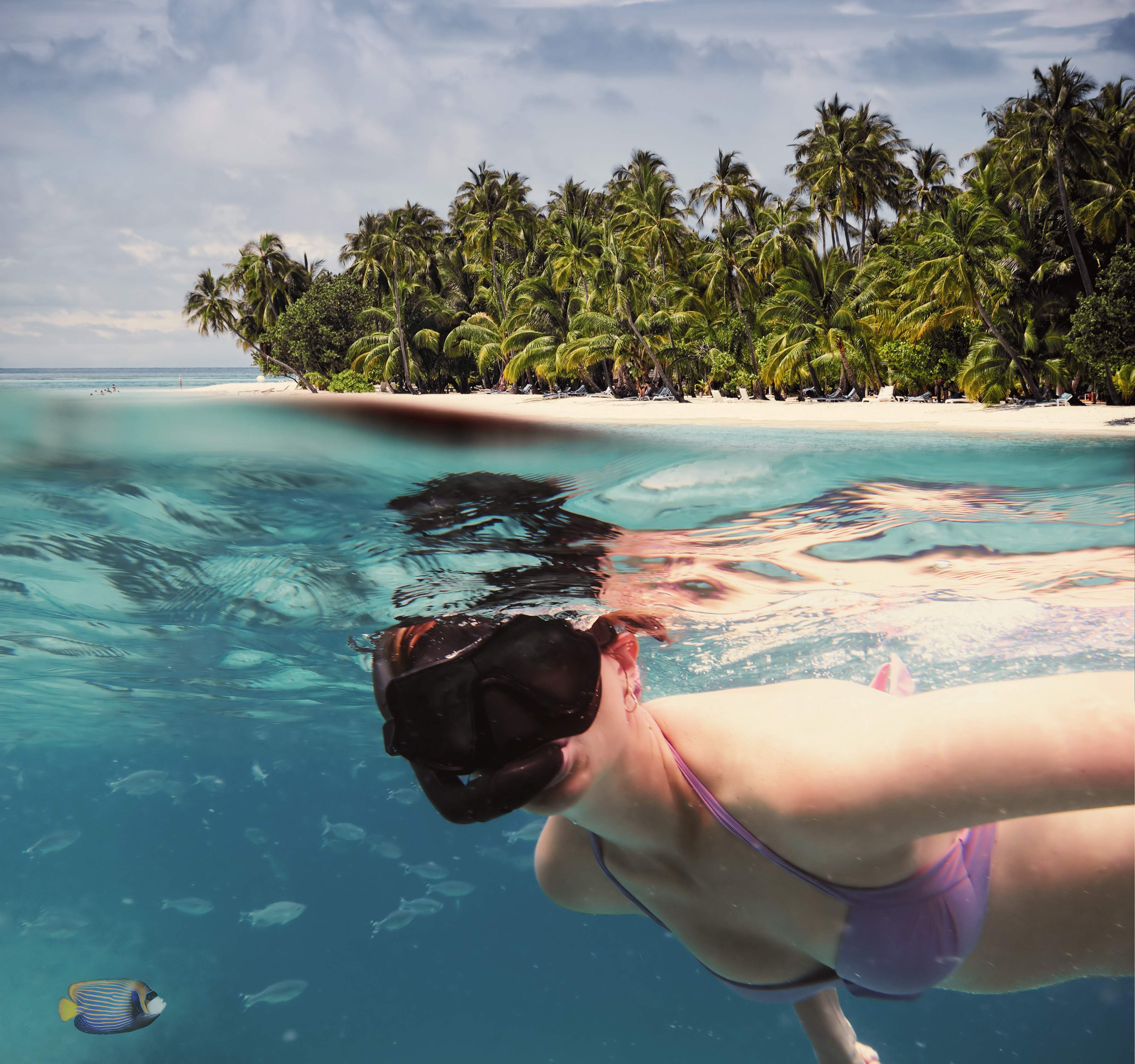 Une femme fait du snorkeling dans les eaux cristallines et turquoises d'une plage tropicale de l'île Maurice, entourée de palmiers.