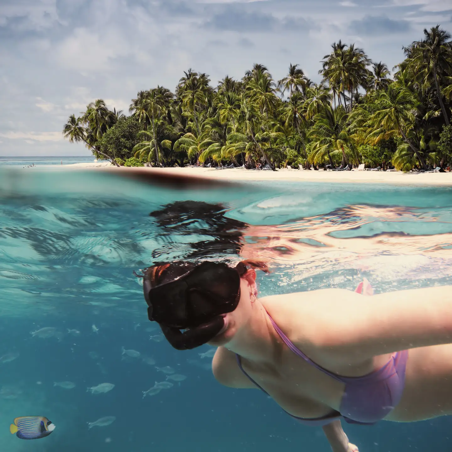 Une femme fait du snorkeling dans les eaux cristallines et turquoises d'une plage tropicale de l'île Maurice, entourée de palmiers.