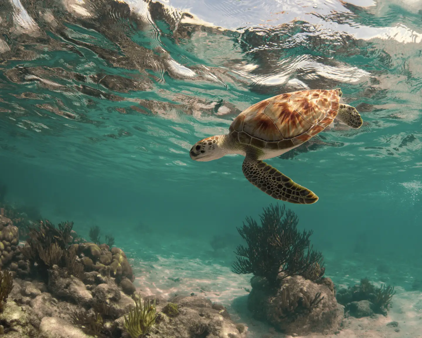 Green sea turtle over coral reef underwater in Akumal, riveria Maya, Mexico.