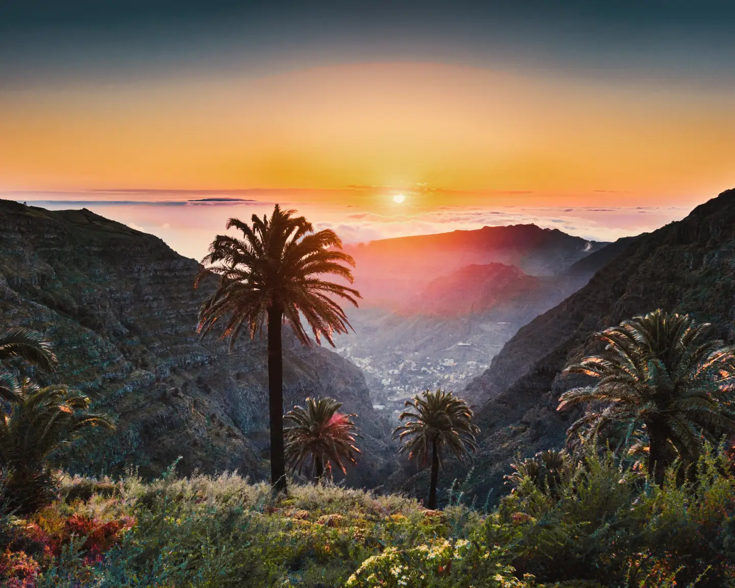 Sunset in La Palma, Spain, with palm trees in the foreground and mountains silhouetted against a glowing orange-red sky.