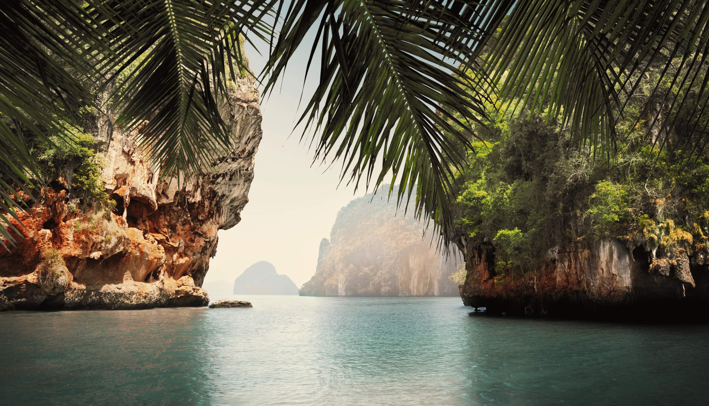 La baie époustouflante de Khao Phing Kan, en Thaïlande, entourée de hautes falaises calcaires et d'une végétation luxuriante.