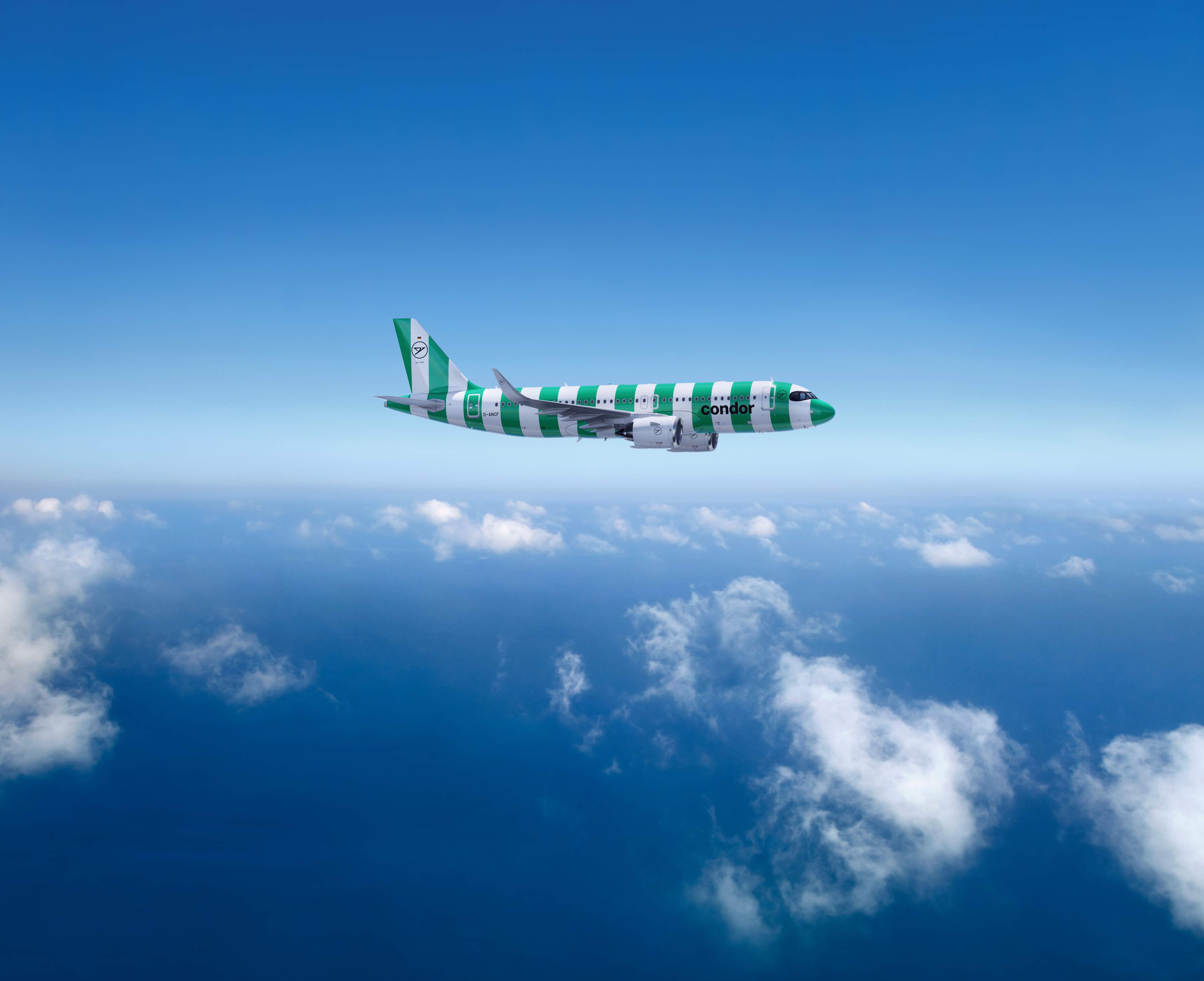 Condor Airbus A320neo in een groen gestreepte beschildering boven een heldere hemel