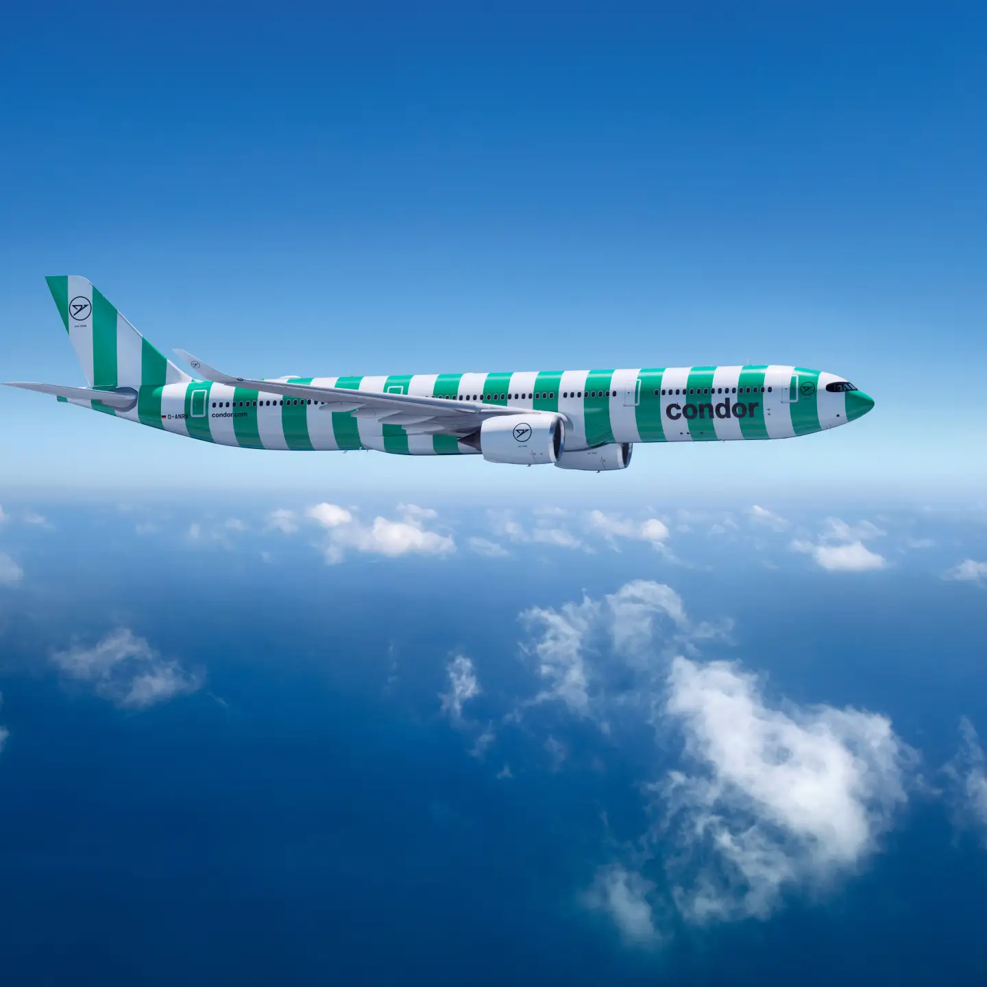 Een Condor A330neo in de kleur Island (groen) vliegt boven de wolken tegen een heldere blauwe lucht.