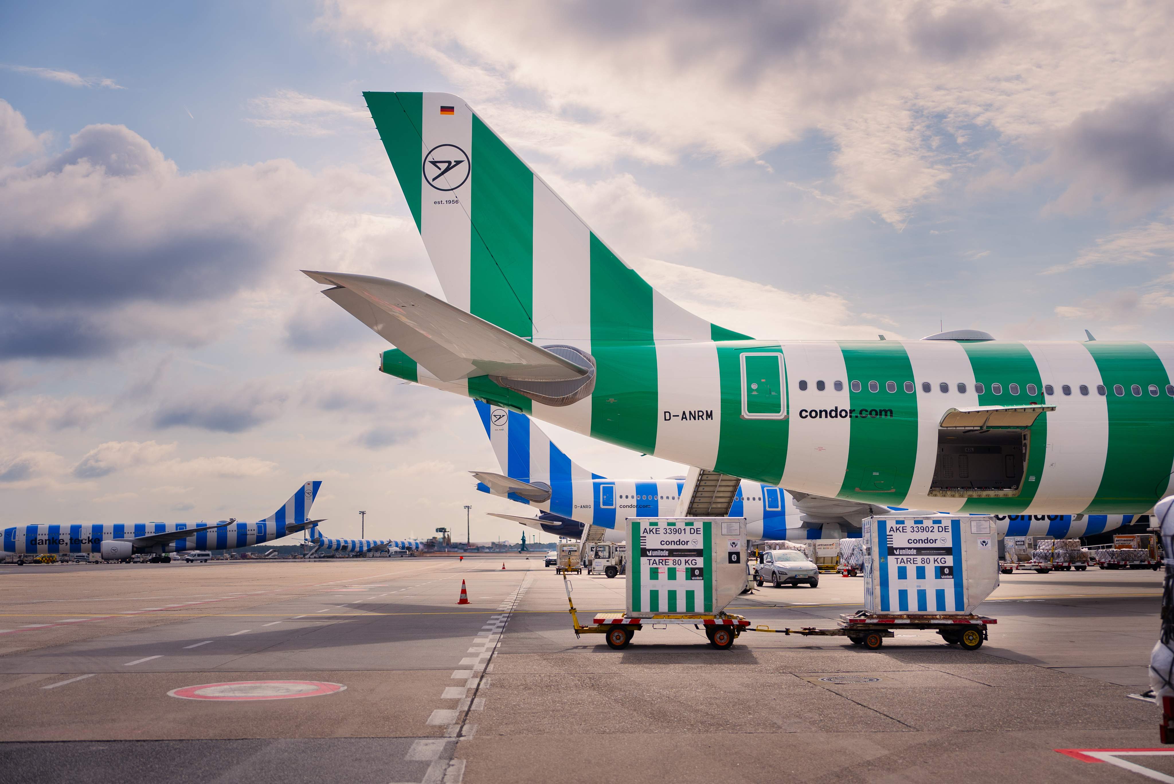 Deux conteneurs de fret se trouvent devant un Airbus A330neo de Condor aux couleurs Island. 