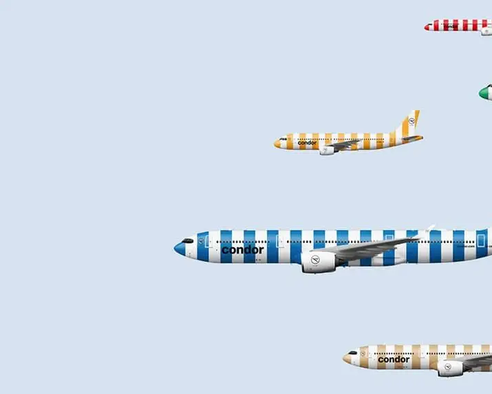 Condor-vliegtuig met de kenmerkende STRIPES in blauw, geel, rood, groen en beige.