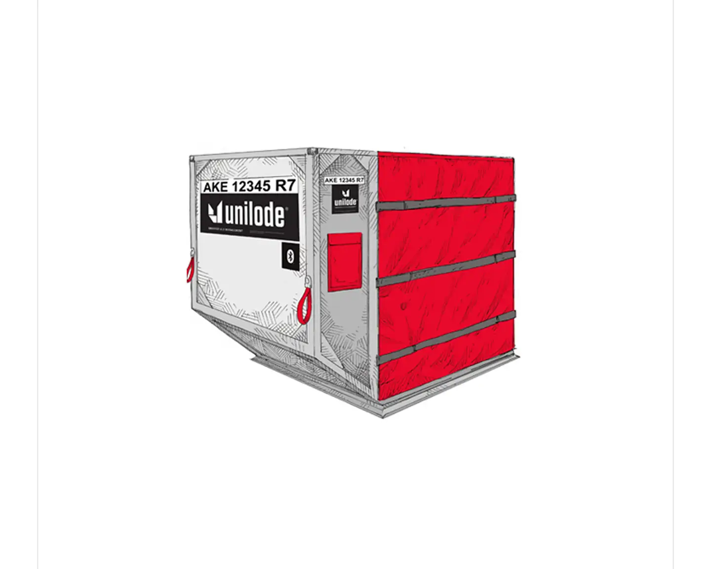 Ilustración de un contenedor de cargo de aire AKE 12345 R7 con el logotipo de Unilode, paneles laterales rojos y etiqueta de seguimiento.