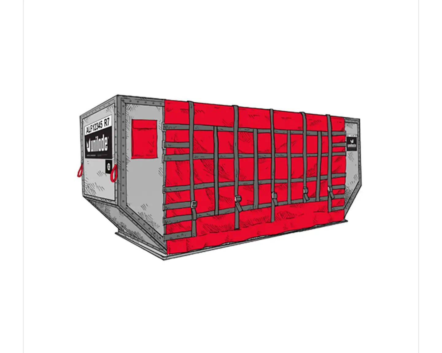 Ilustración de un gran contenedor de cargo de aire de Unilode con lonas rojas y un robusto sistema de correas.