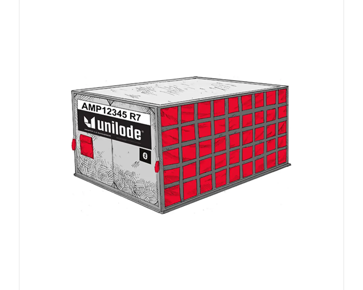 Ilustración de un contenedor AMP12345 R7 de Unilode, con un patrón de cuadrícula roja y un símbolo de seguimiento en el lateral.