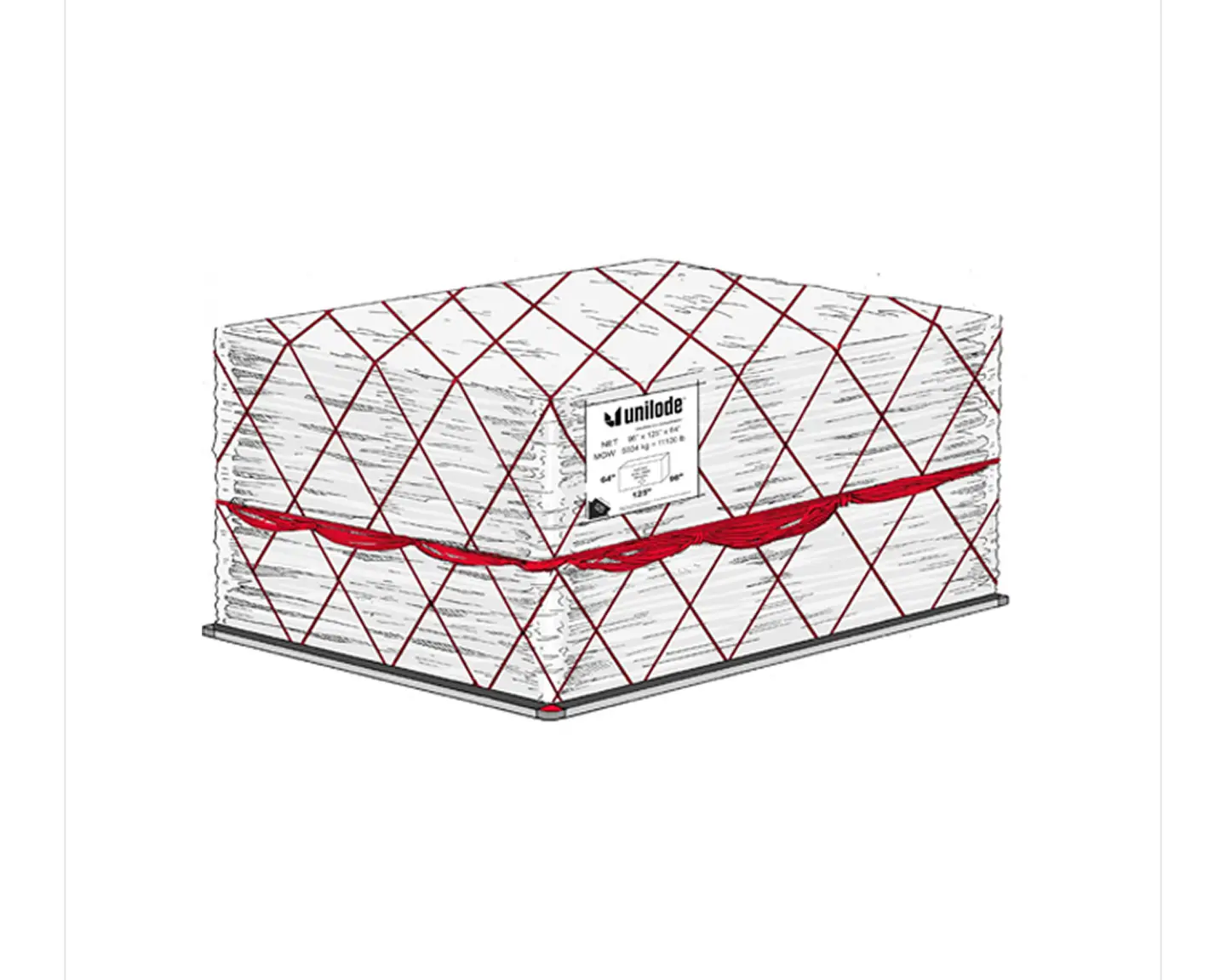 Ilustración de un palet cargo de Unilode, envuelto en film blanco con malla roja y una etiqueta.