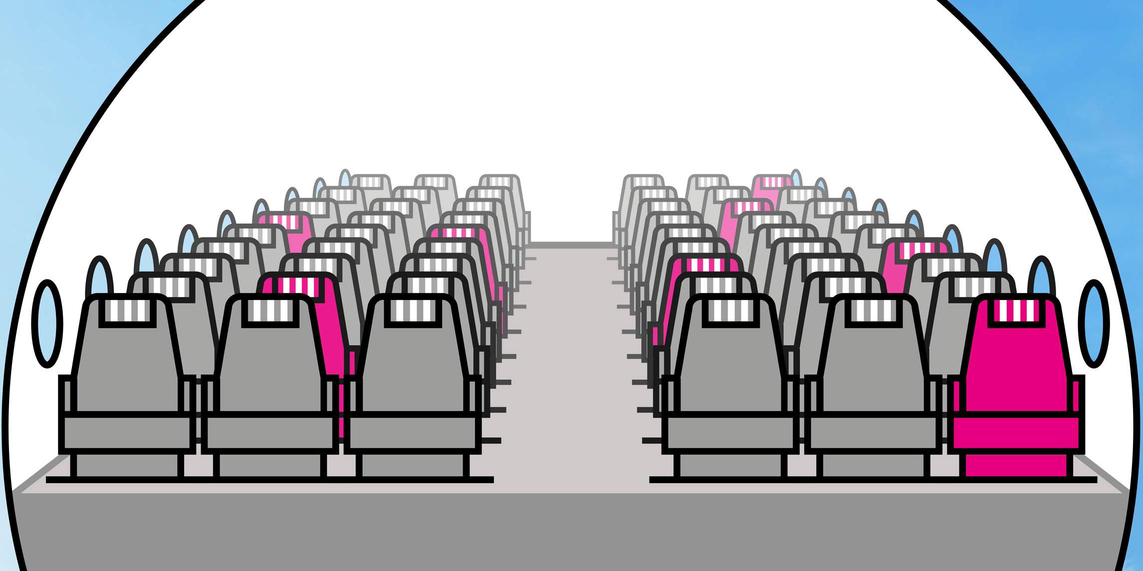 Representation of an aircraft cabin with a regular seating arrangement, pink seats stand out visually.