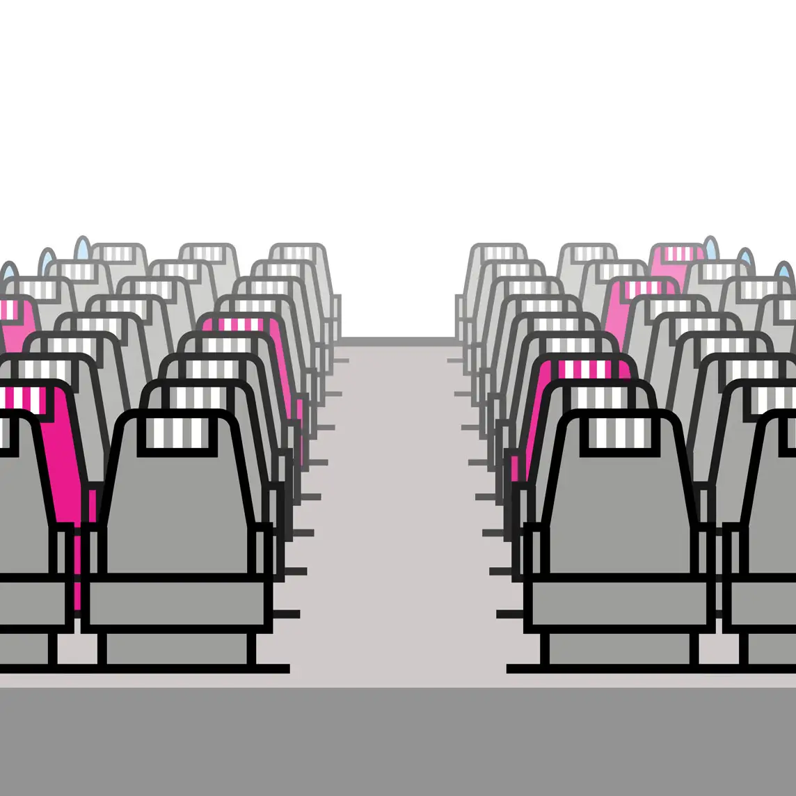 Representation of an aircraft cabin with a regular seating arrangement, pink seats stand out visually.