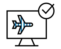 Ilustración de una pantalla con el símbolo de un avión y una marca de verificación.