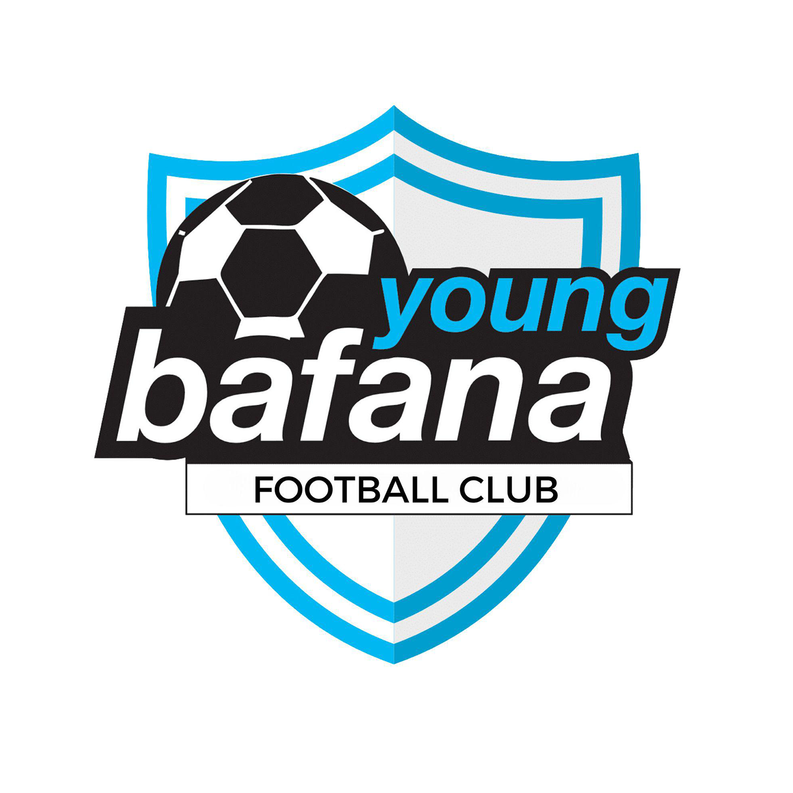 Logotipo del club de fútbol Young Bafana, con una pelota de fútbol sobre un escudo con borde azul y texto en negrita.