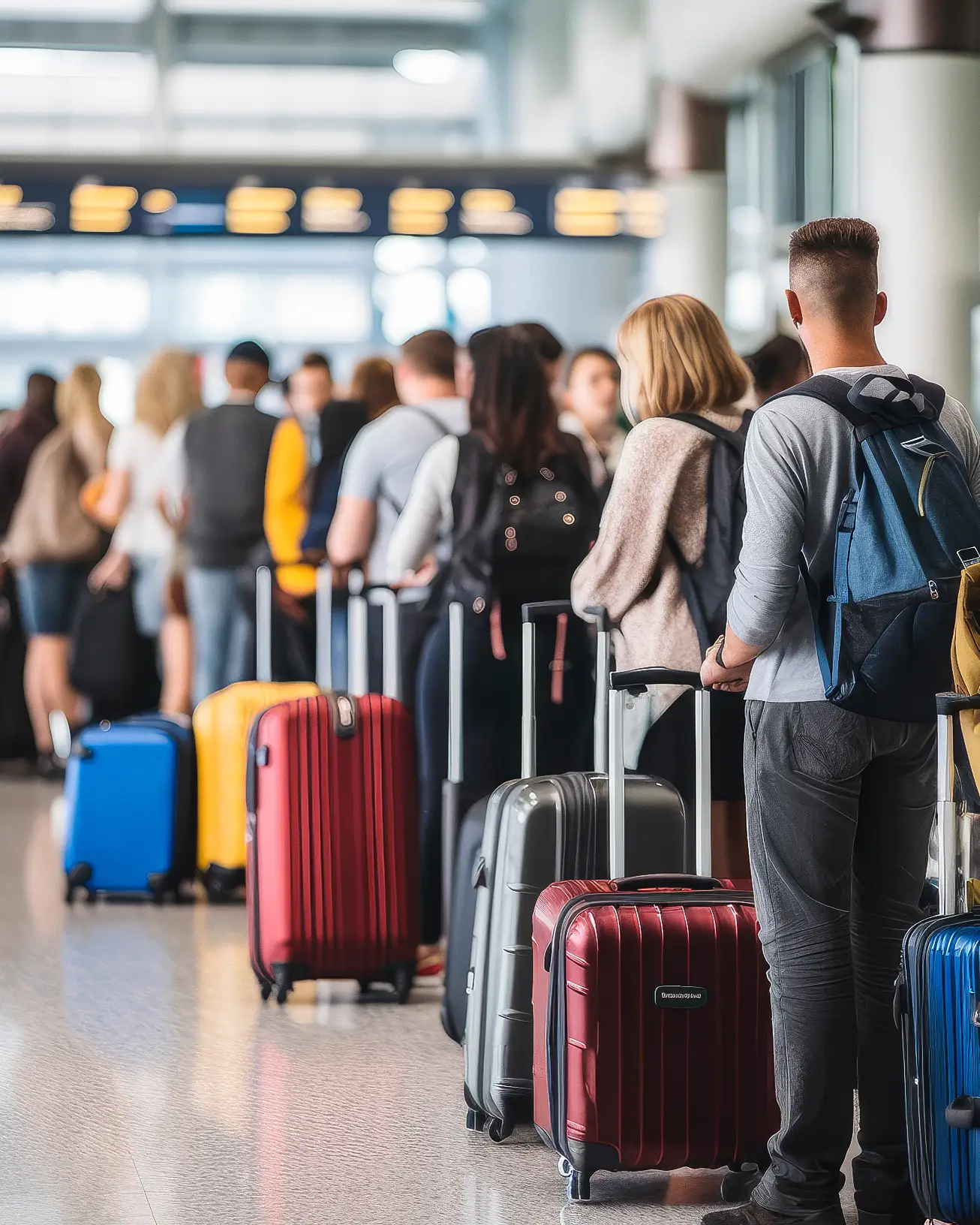 Many people are waiting in long queues at the airport.