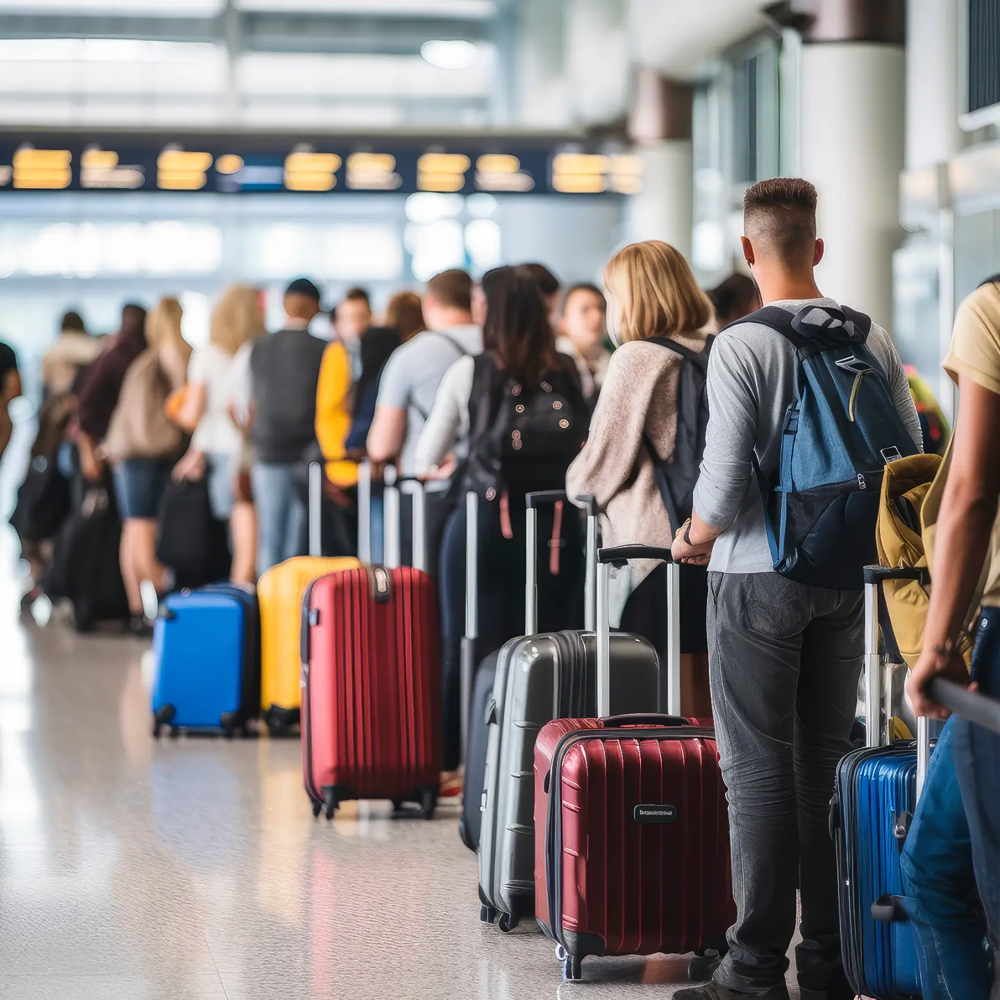 Veel mensen staan in lange wachtrijen te wachten op de luchthaven.