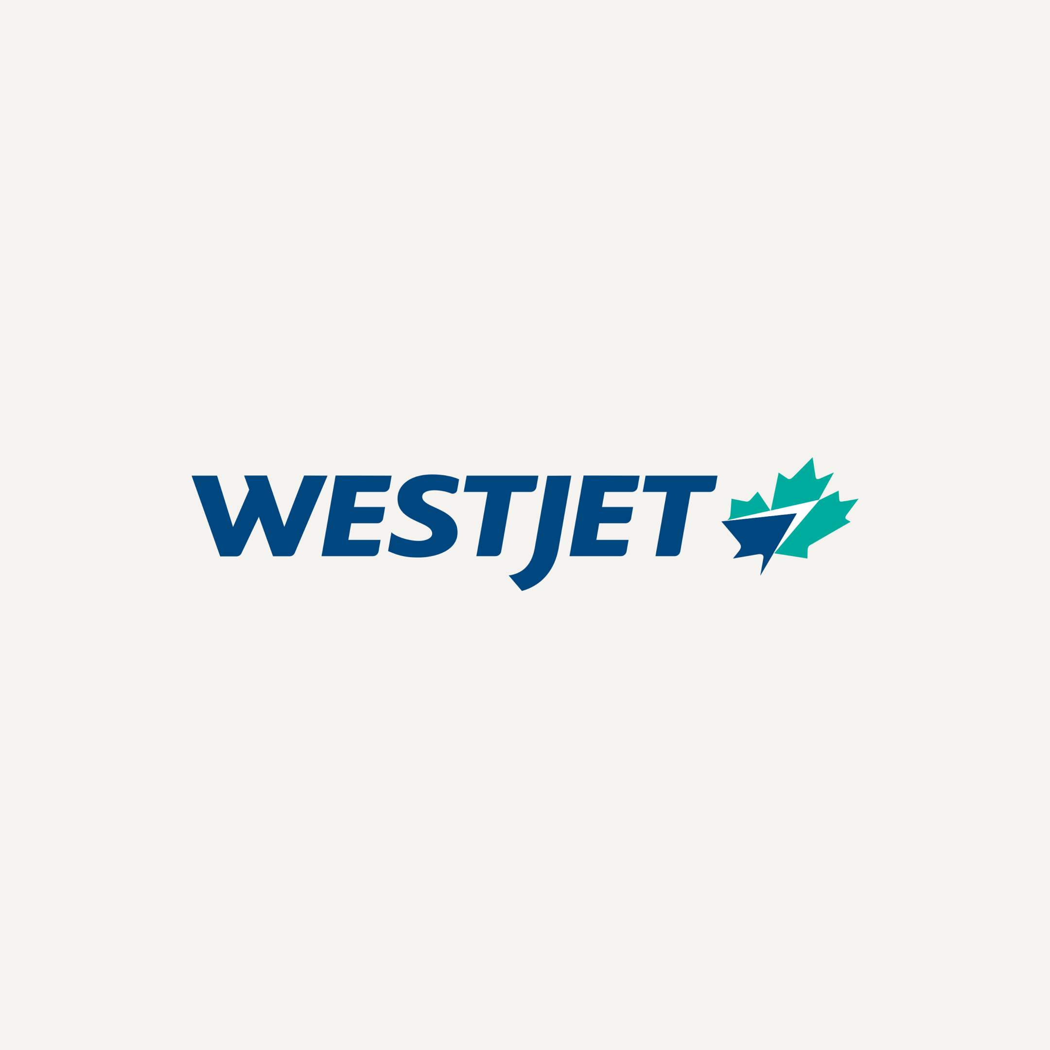 Logotipo de WestJet con una hoja de arce estilizada en azul y verde.