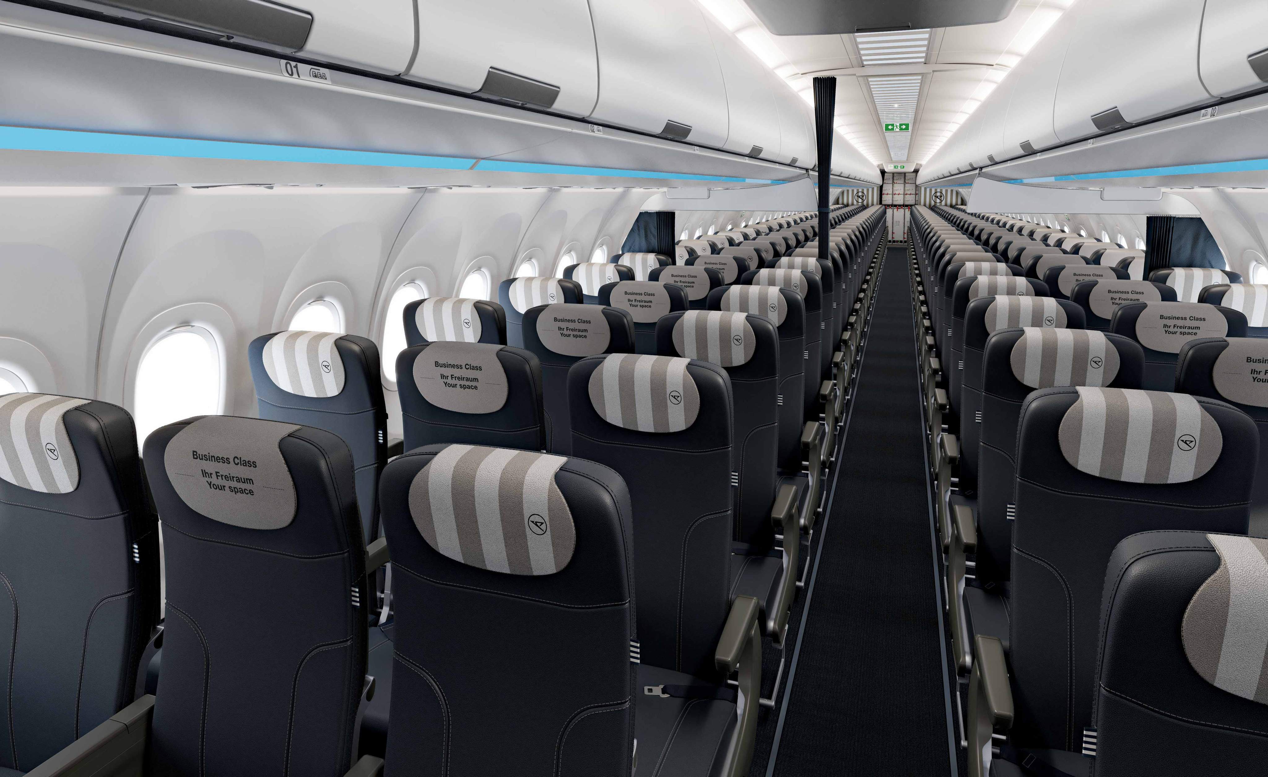 Vue de face de la cabine Business Class de l'Airbus A320xneo