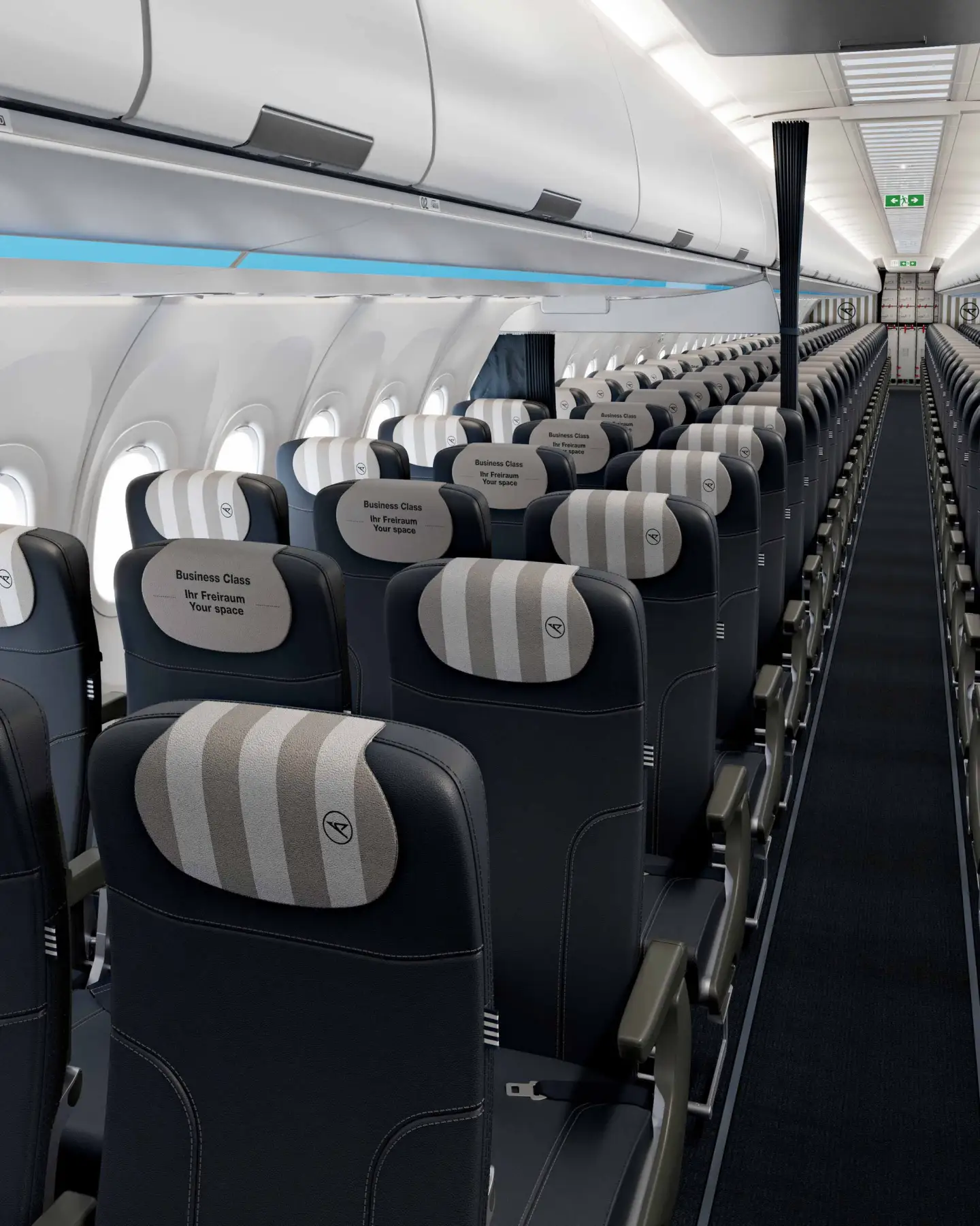 Vue de face de la cabine Business Class de l'Airbus A320xneo