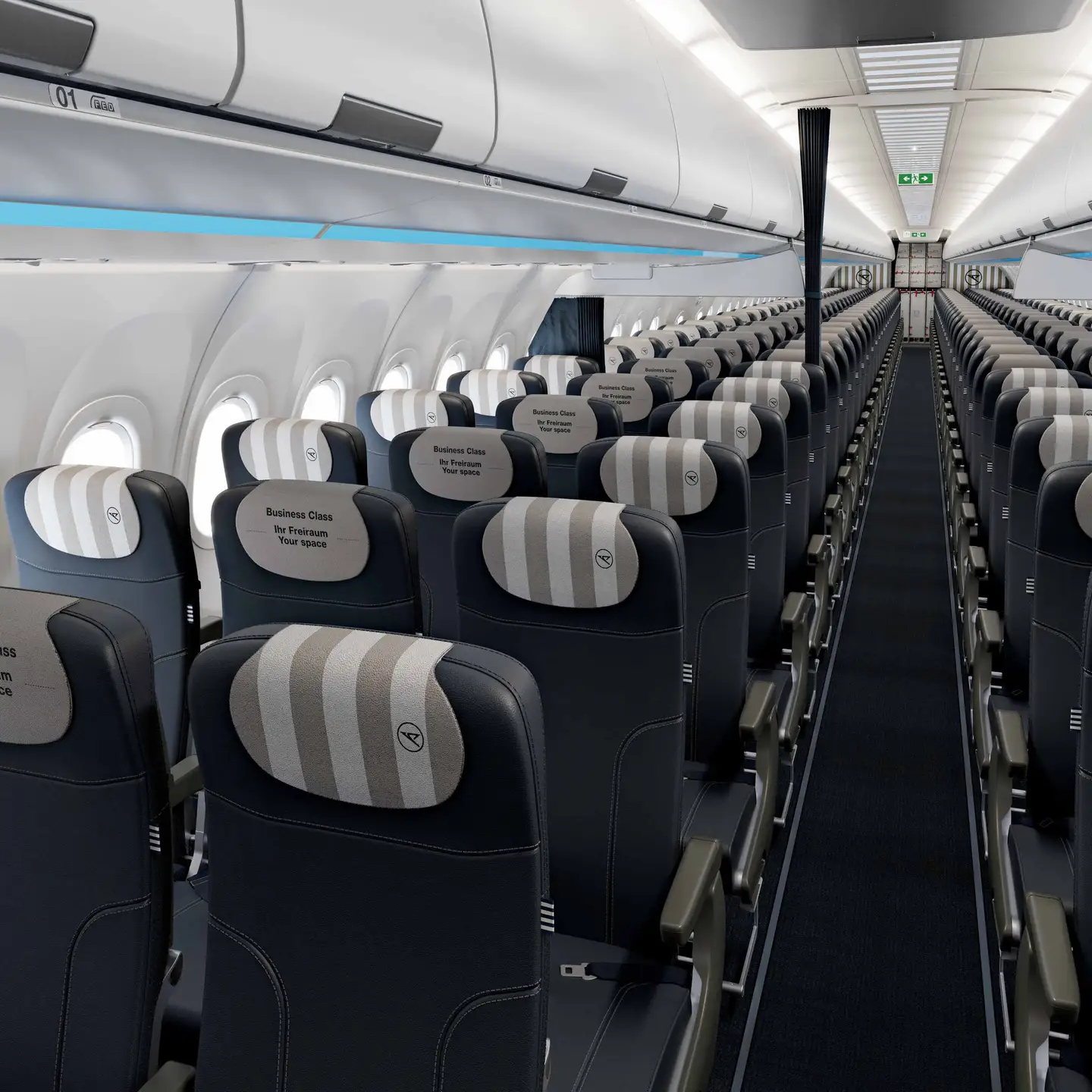 Vista frontal de la cabina de la Business Class del Airbus A320xneo