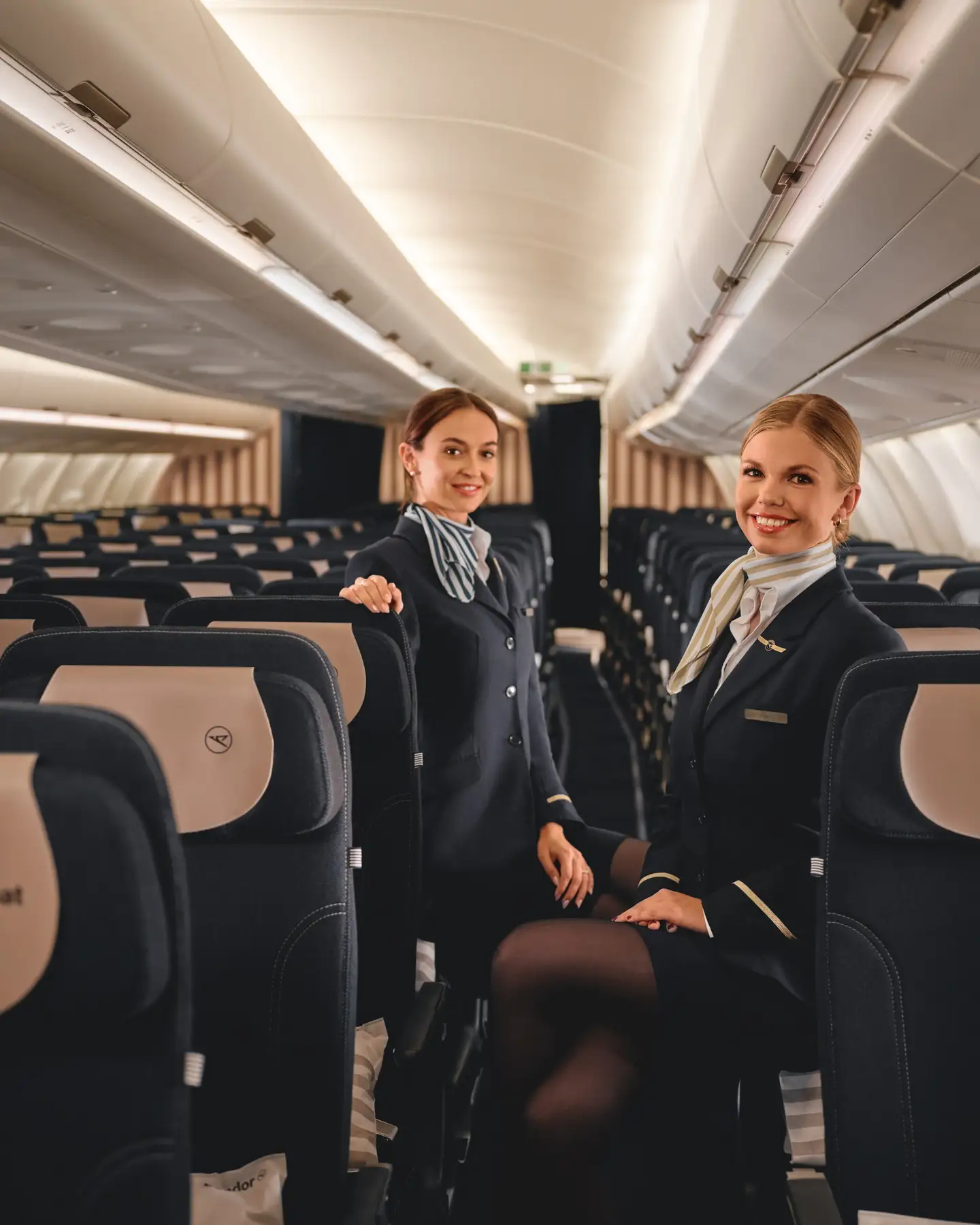 Dos auxiliares de vuelo presentan la comodidad de los asientos en Economy Class