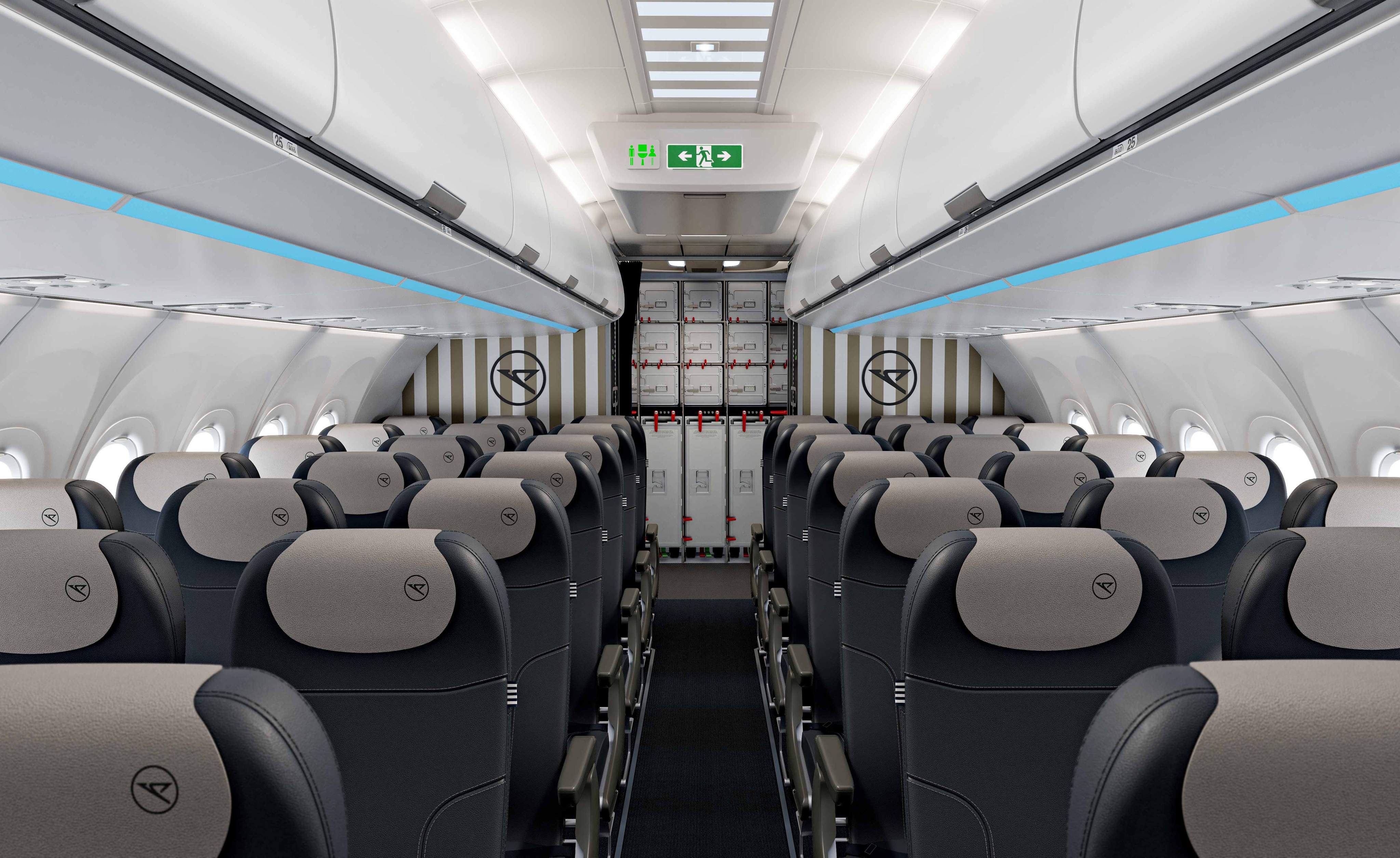 Vista desde el pasillo de Economy Class del A321neo hacia el área de cocina