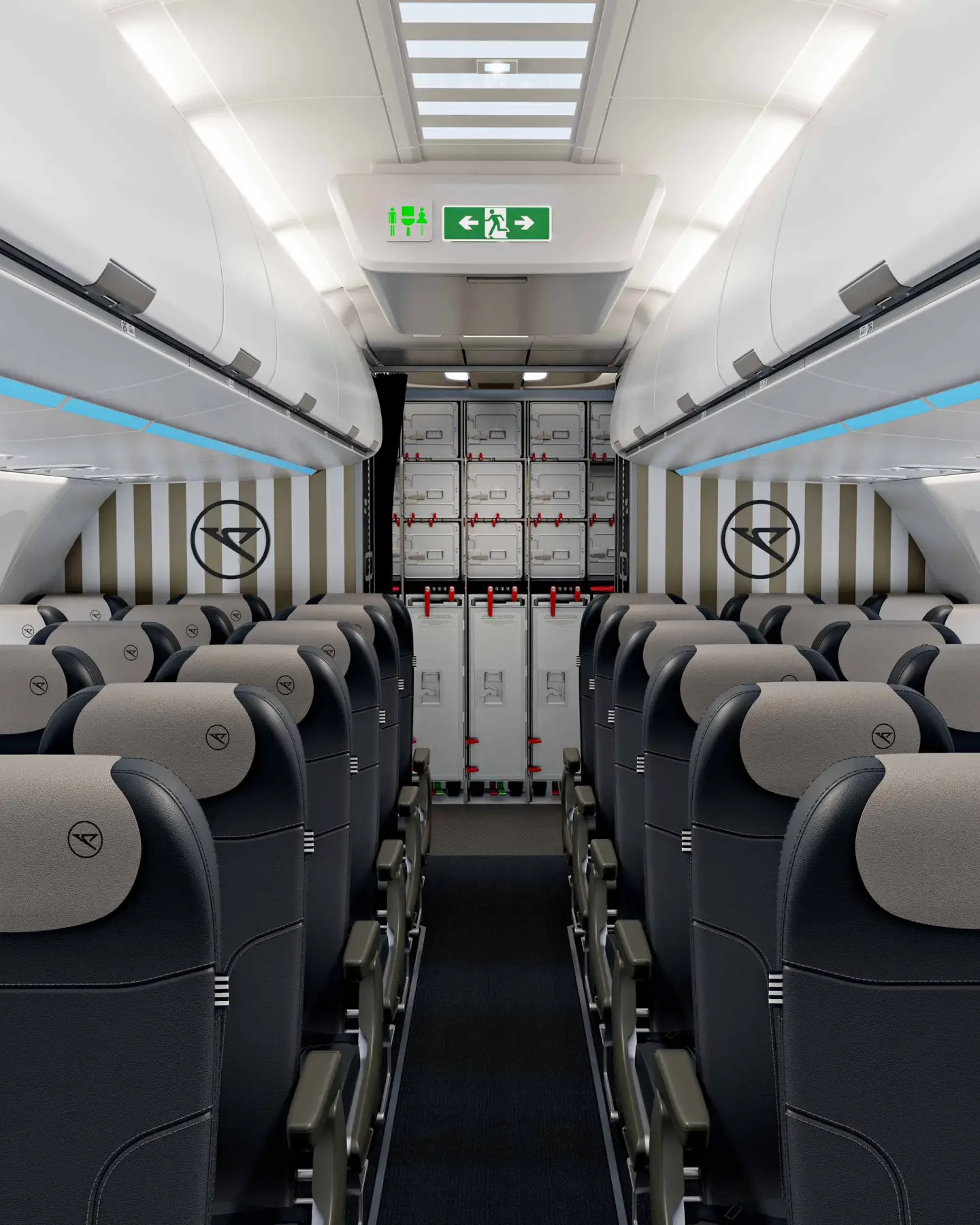 Vista desde el pasillo de Economy Class del A321neo hacia el área de cocina