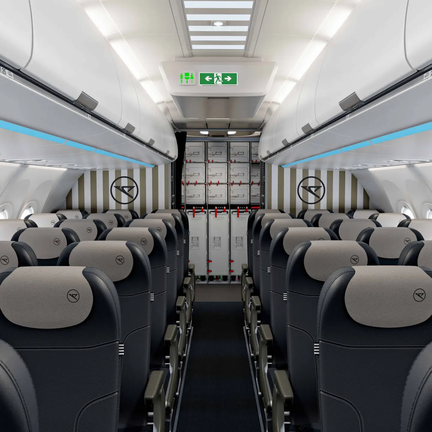 Vista desde el pasillo de Economy Class del A321neo hacia el área de cocina