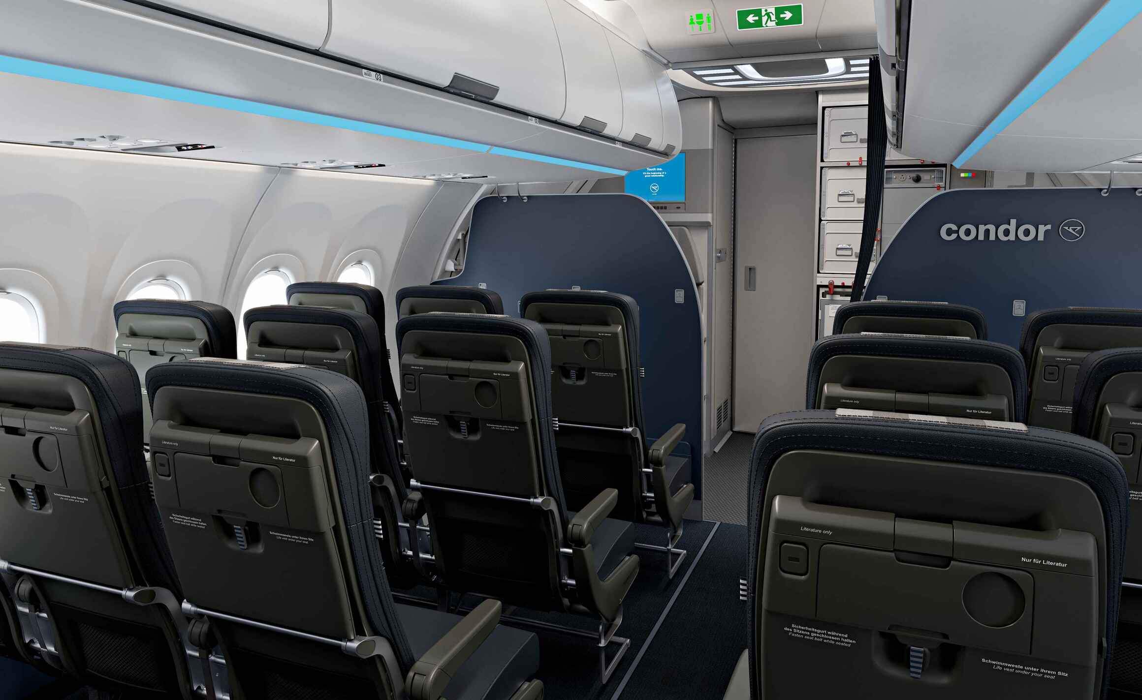 Vista de la Business Class del Airbus A32xneo con vista a la puerta de la cabina de mando