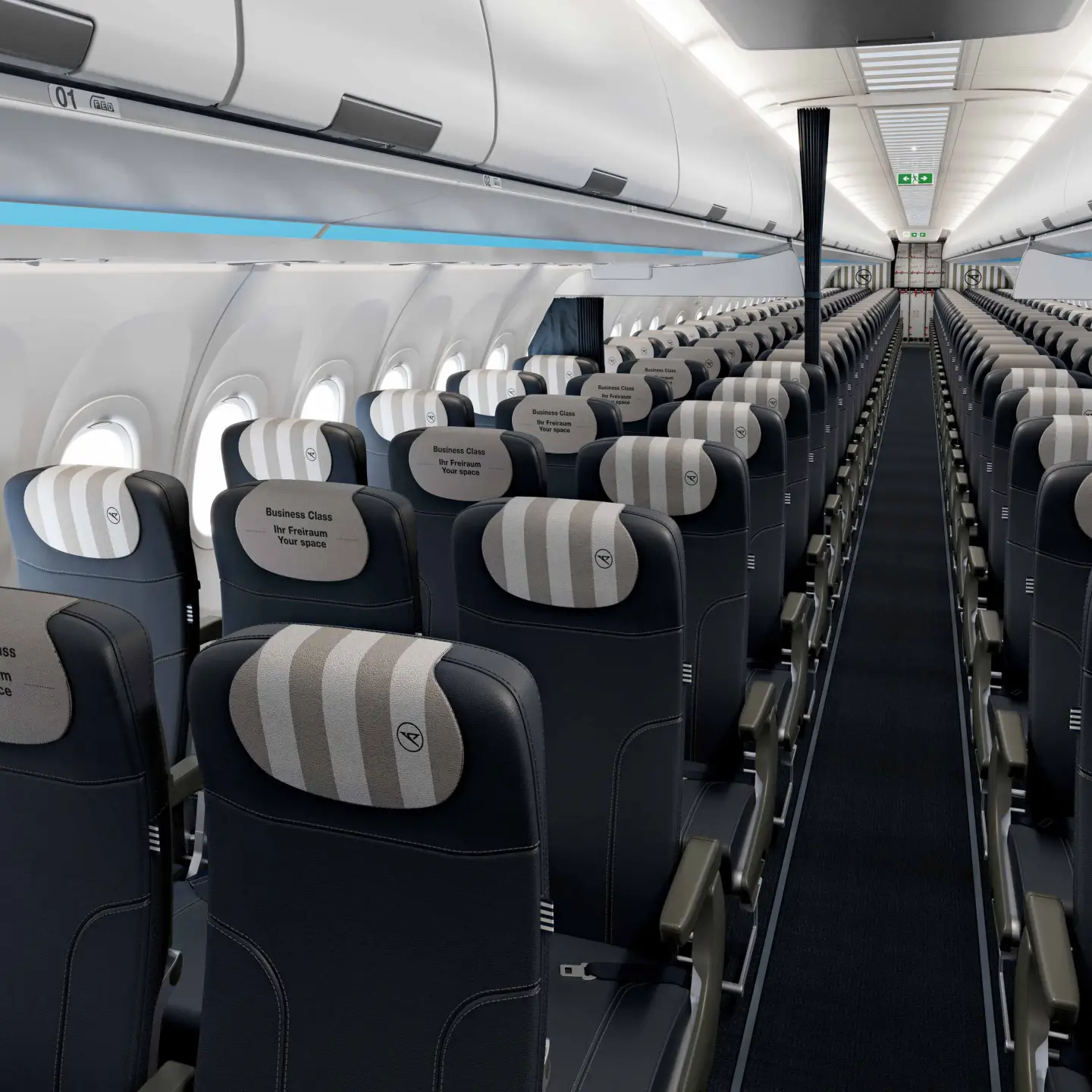 Pohled zepředu na kabinu třídy Business Class v letadle Airbus A320xneo