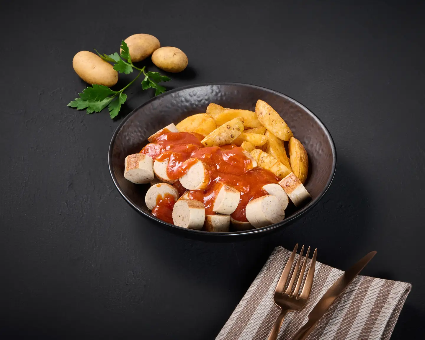 currywurst troceada servida en un plato