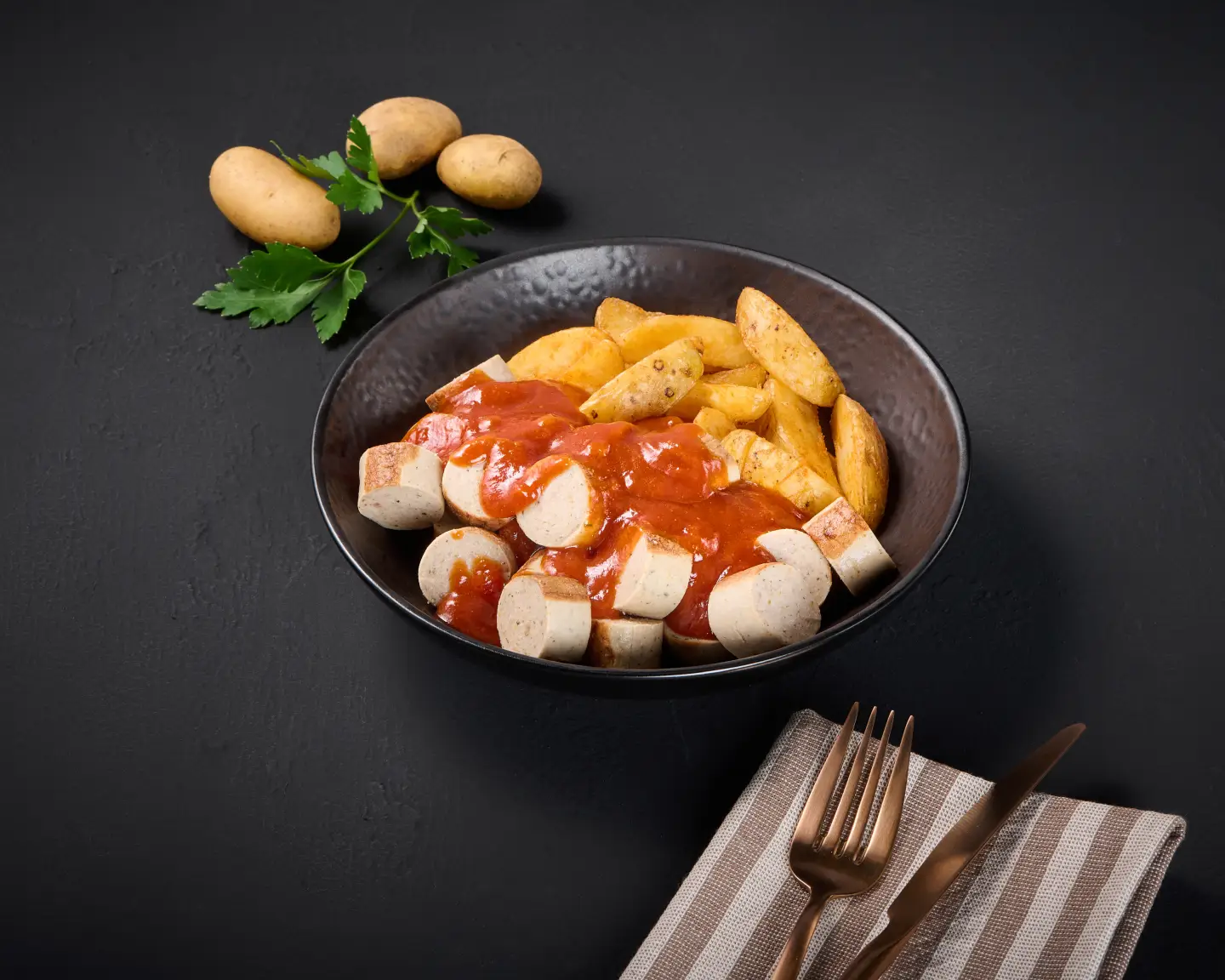 Nakrájený currywurst podávaný na talíři.