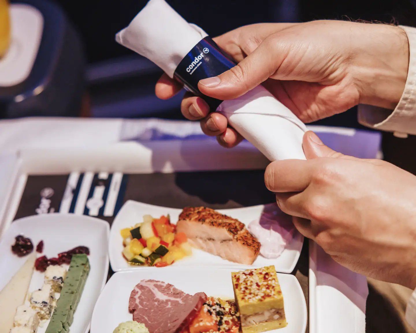 Ein Passagier bereitet sich darauf vor, seine Mahlzeit an Bord zu genießen, indem er sein Besteck über einem Tablett mit einer Auswahl an Vorspeisen richtet. Das Tablett enthält verschiedene Delikatessen wie geräucherten Lachs, Käse, Gemüse und ein Stück Fleisch.