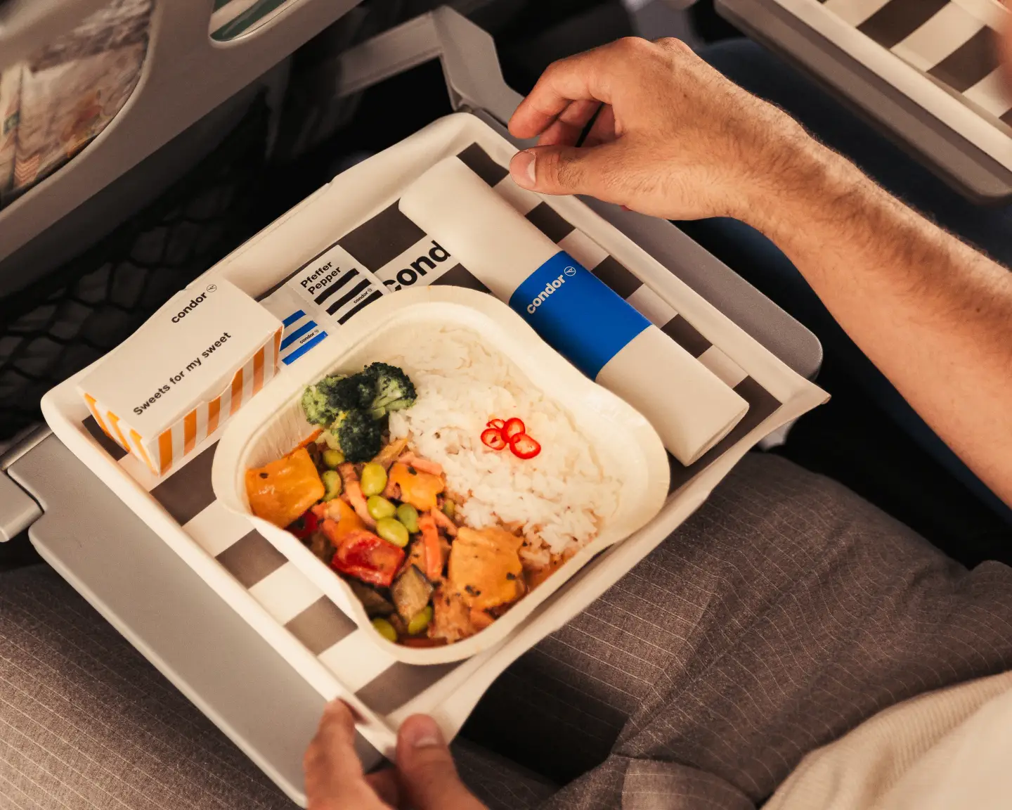 Comida en una bandeja de avión con accesorios a rayas de Condor
