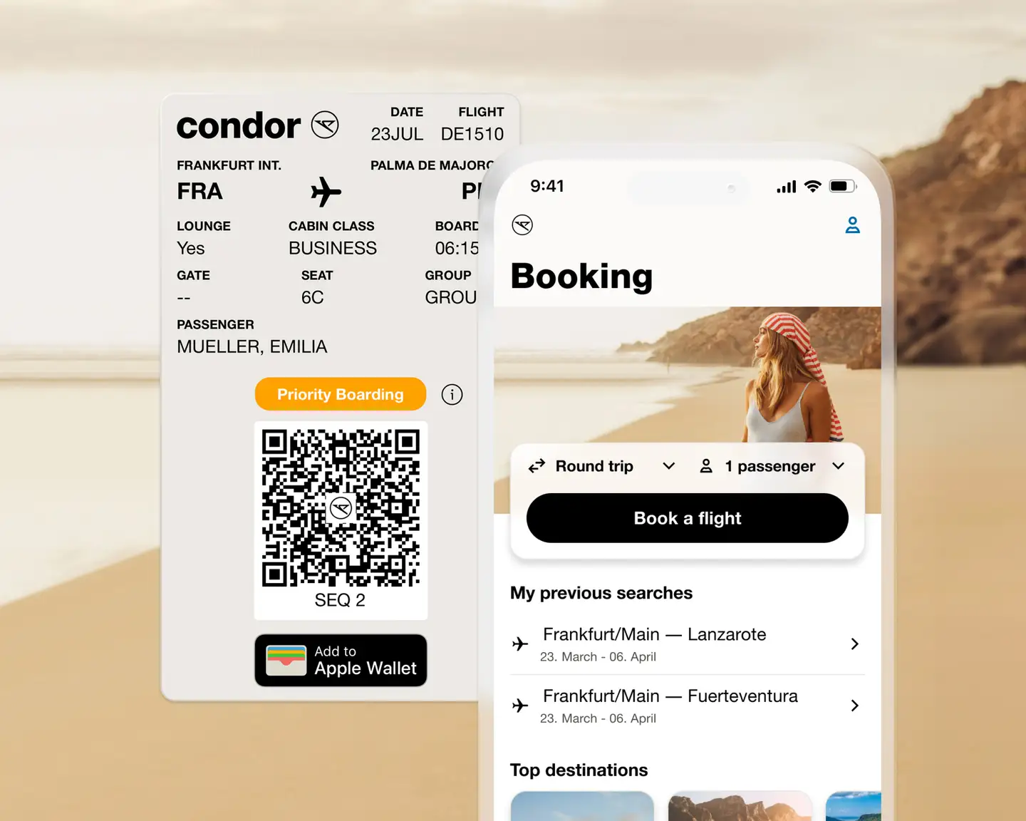 Vista de la tarjeta de embarque digital y la reserva de vuelo desde la Condor App frente a una playa de arena con rocas al fondo.