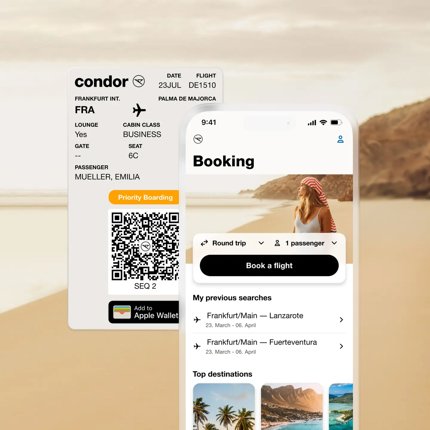 Aplicación de reserva de vuelos con tarjeta de embarque digital para un vuelo de Condor.