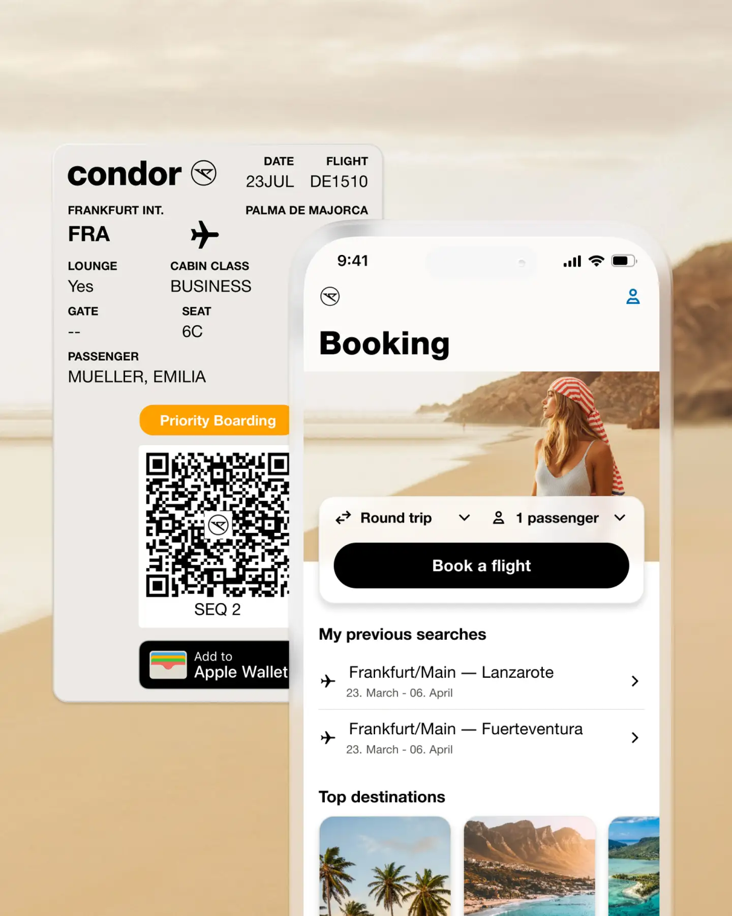 Una aplicación de reserva de vuelos con tarjeta de embarque digital para un vuelo de Condor.