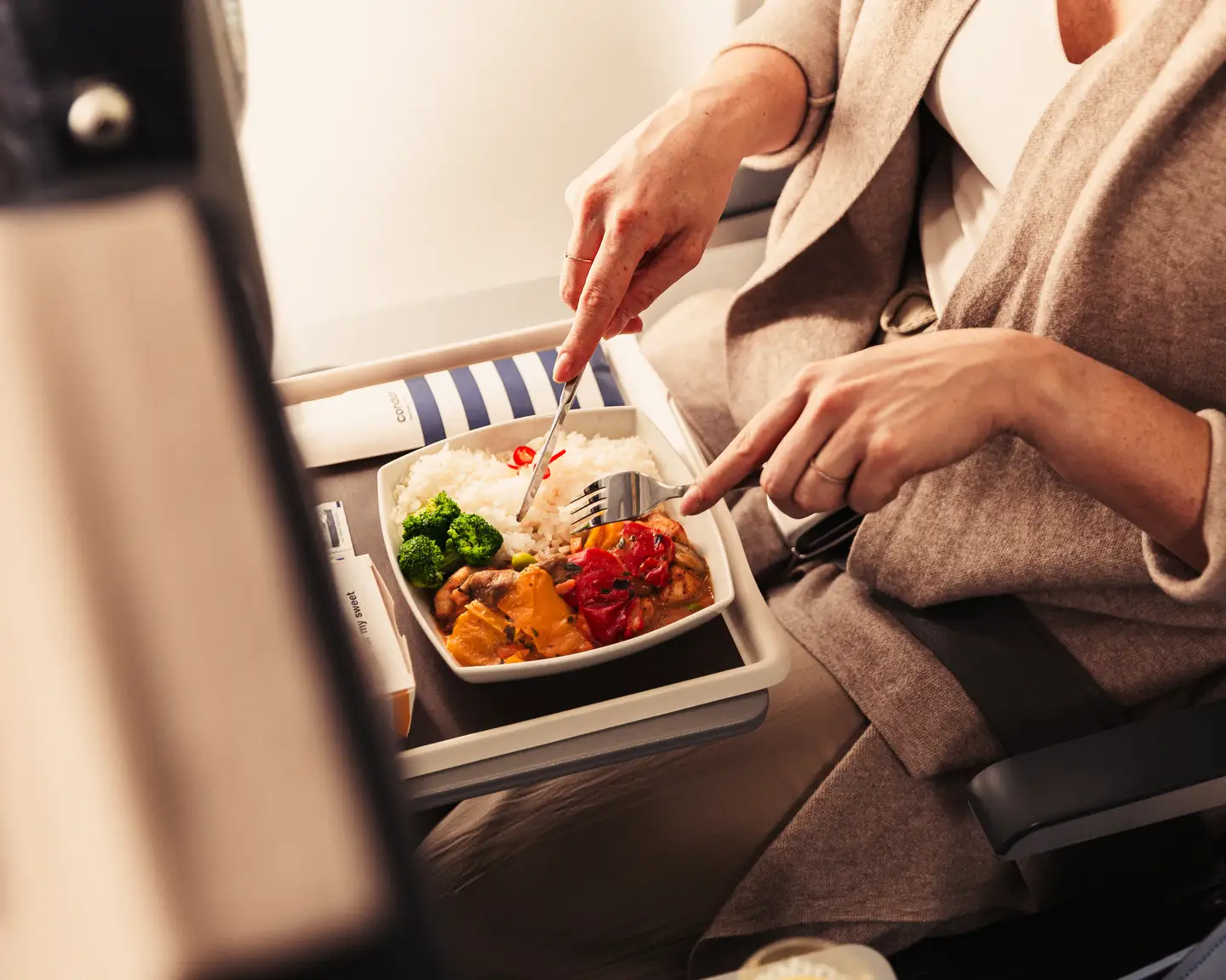 Vista desde arriba. Una mujer en un avión corta su comida en un plato de porcelana con cubiertos de metal.