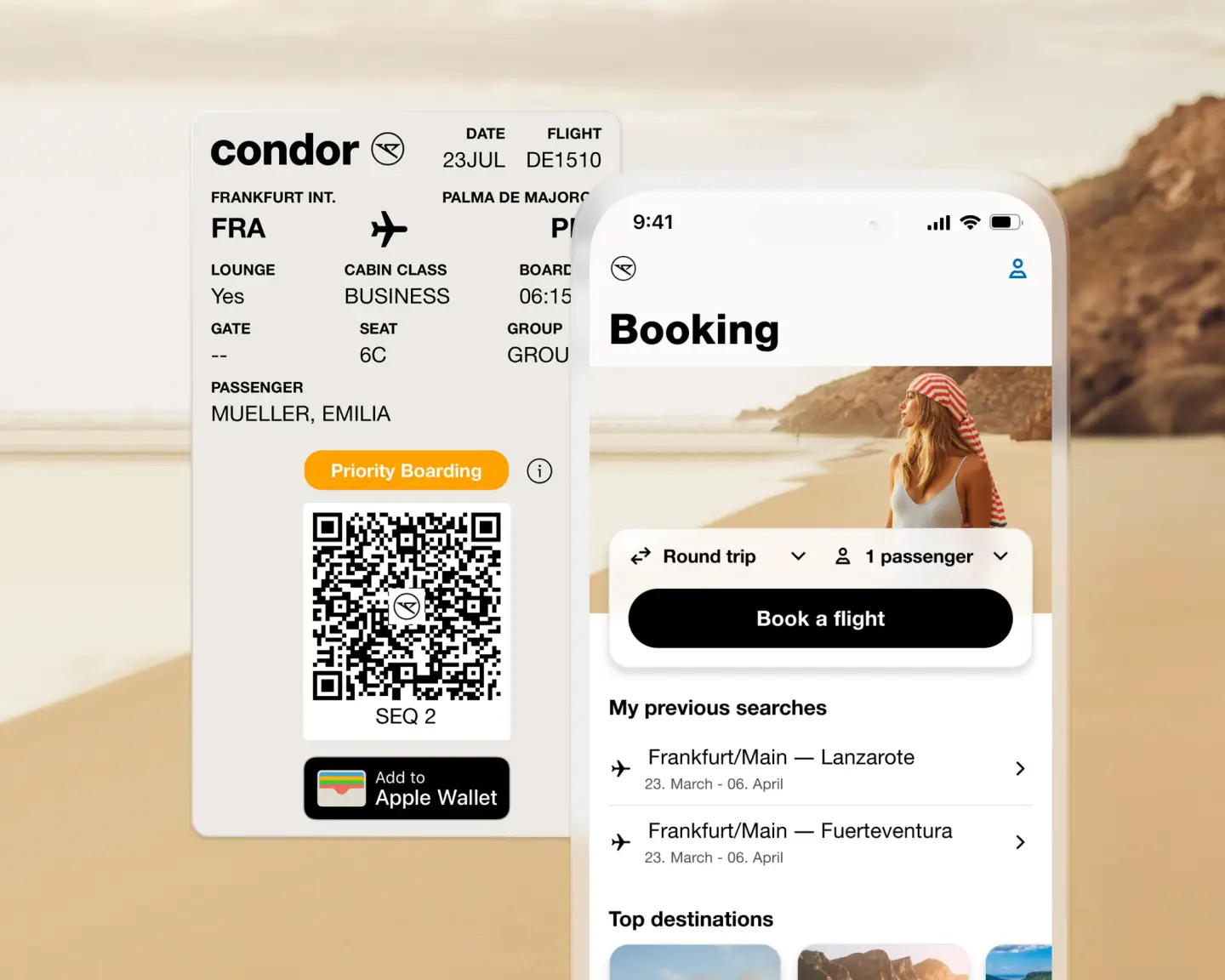 Digitális beszállókártya és repülőjegy-foglalás nézete a Condor Appban egy homokos strand előtt, sziklákkal a háttérben.