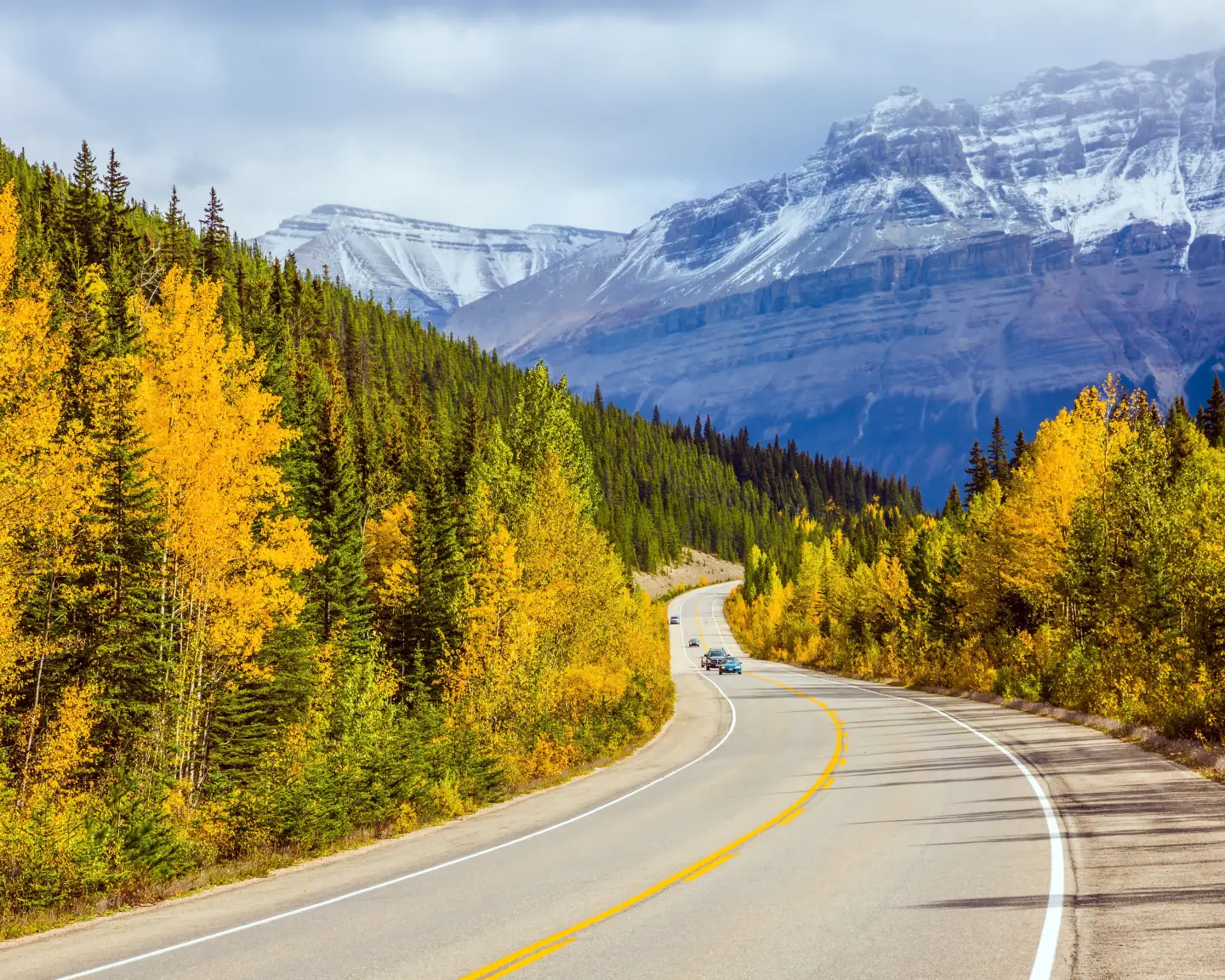 The grandiose nature of the Rockies of Canada. The magnificent Highway 93 "Icefields Parkway" passes among the snow-capped mountains. The concept of active car tourism